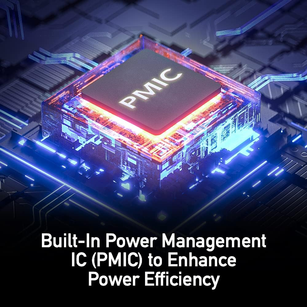 Mikroukład PMIC. Tekst: Wbudowany układ zarządzania energią. Kolory niebieski, czerwony i biały.