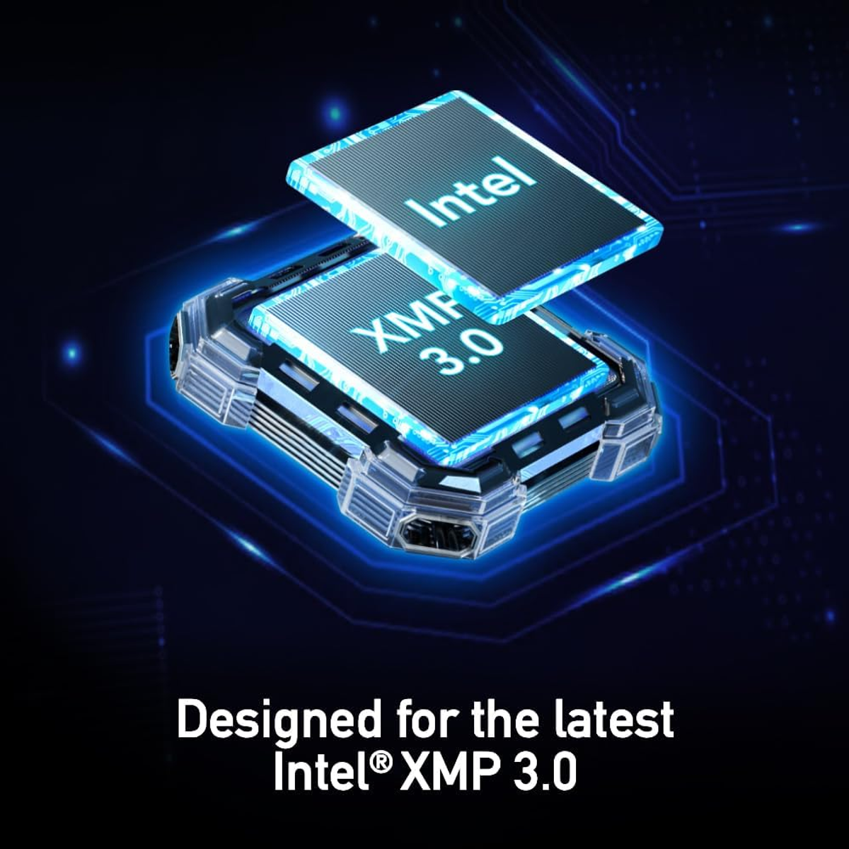 Dwa chipy Intel XMP 3.0 nad projektem płyty głównej. Niebieskie i srebrne akcenty.