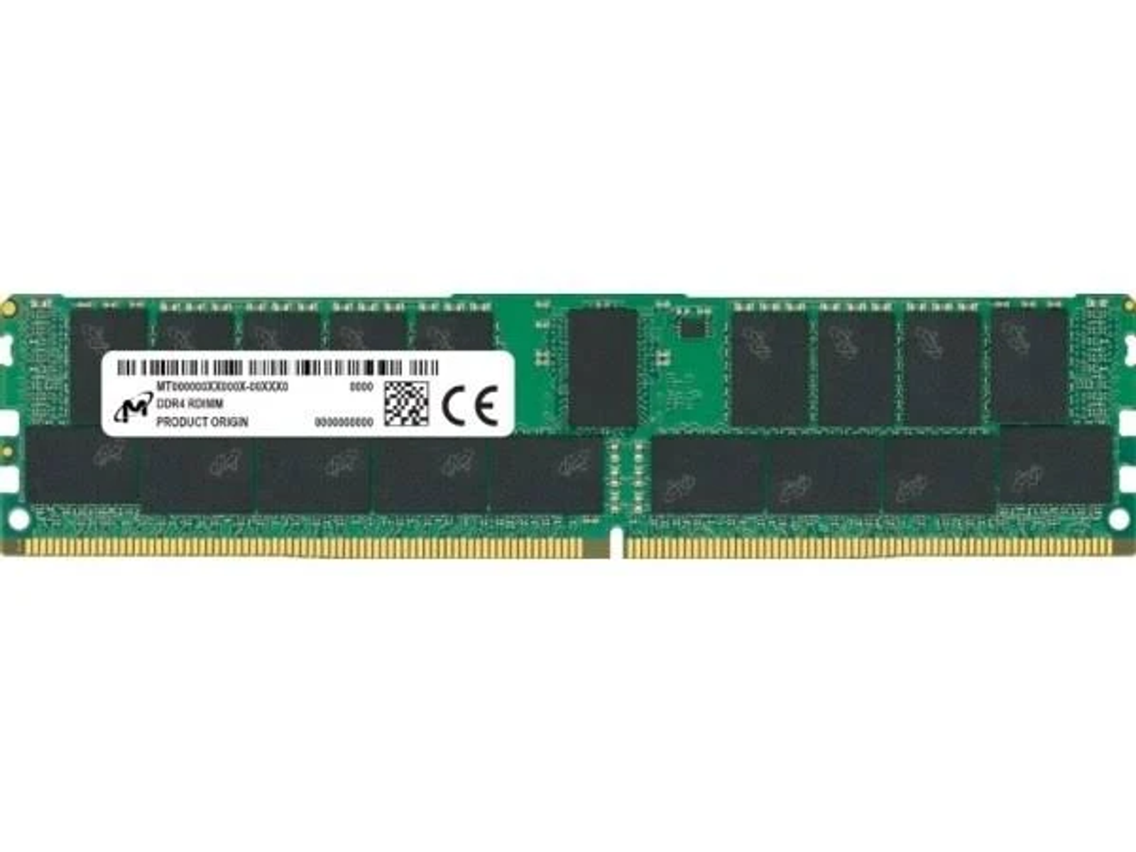 Modulo RAM verde. Il modulo è su sfondo bianco. Il logo è sul modulo.