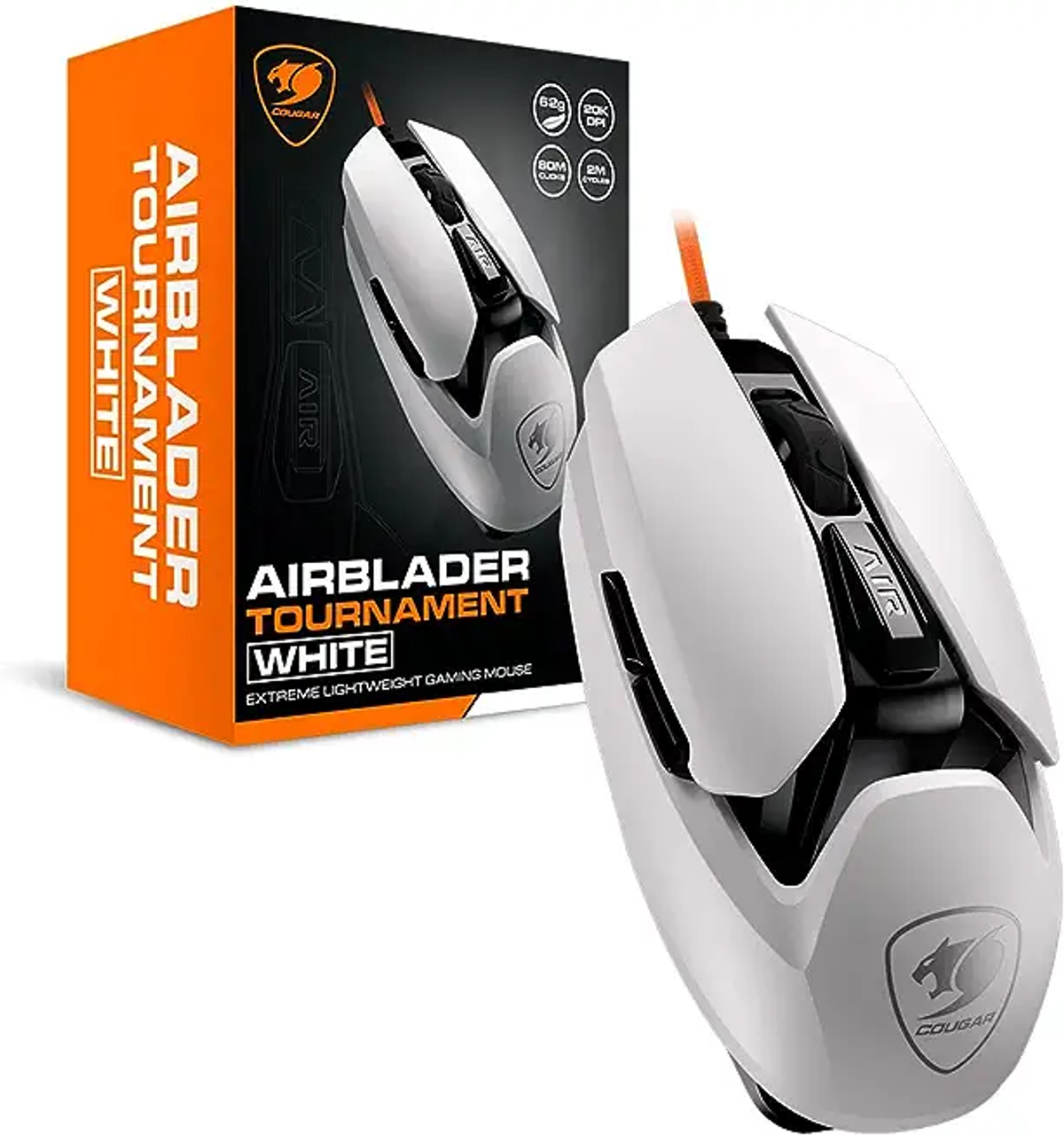 Mouse da gaming bianco e scatola con dettagli arancioni. Il mouse è bianco con dettagli neri e arancioni.