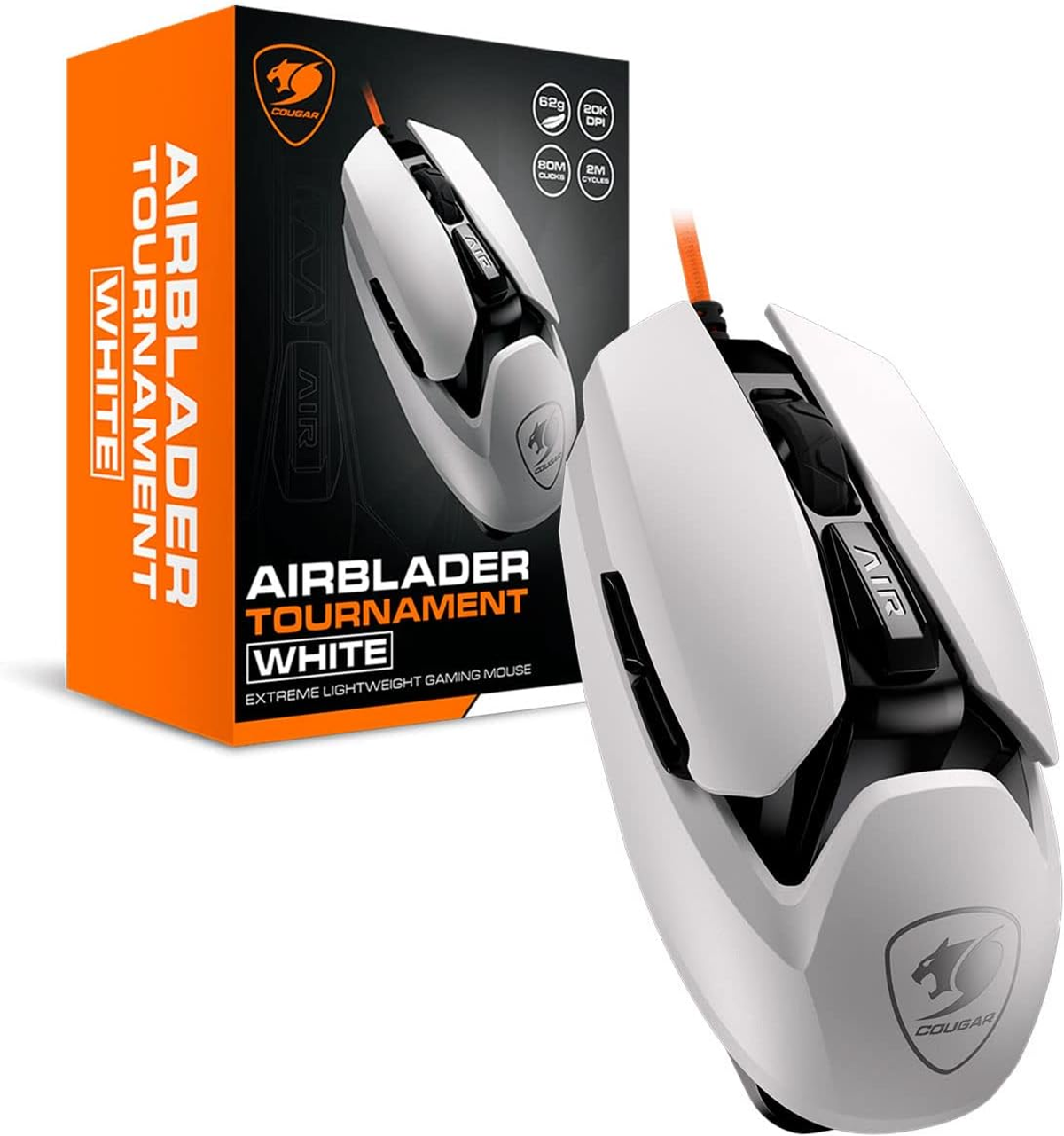 Mouse da gaming bianco e scatola con dettagli arancioni. Il mouse è bianco con dettagli neri e arancioni.