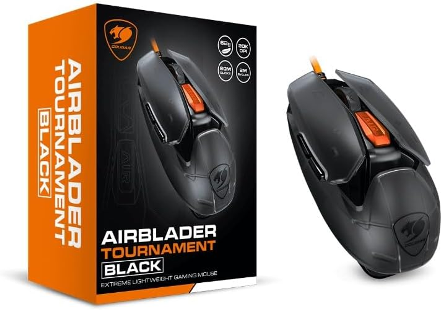 Schwarze Gaming-Maus und -Box mit orangefarbenen Akzenten. Maus ist schwarz mit orangenen Details.