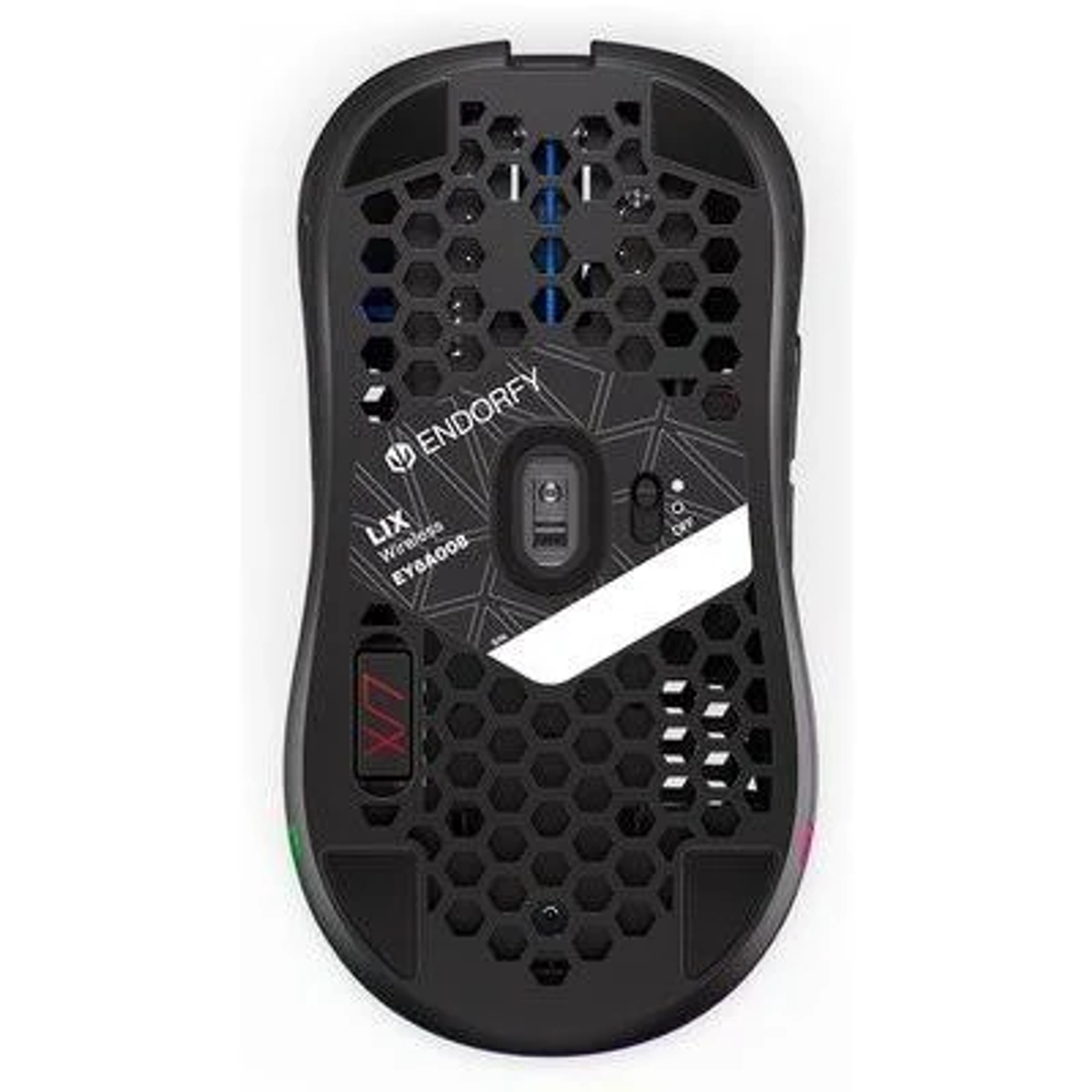 Un mouse per computer nero, visto dal basso, con un motivo a nido d'ape aperto.