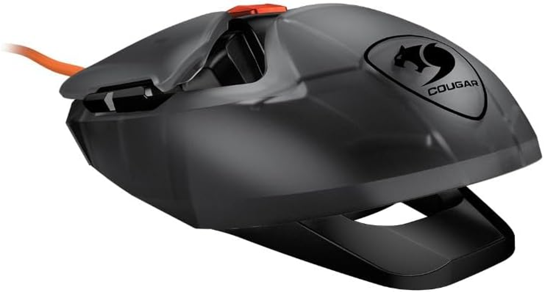 Schwarze Cougar Gaming-Maus. Die Maus hat ein einzigartiges Design mit orangen Details. Weißer Hintergrund.