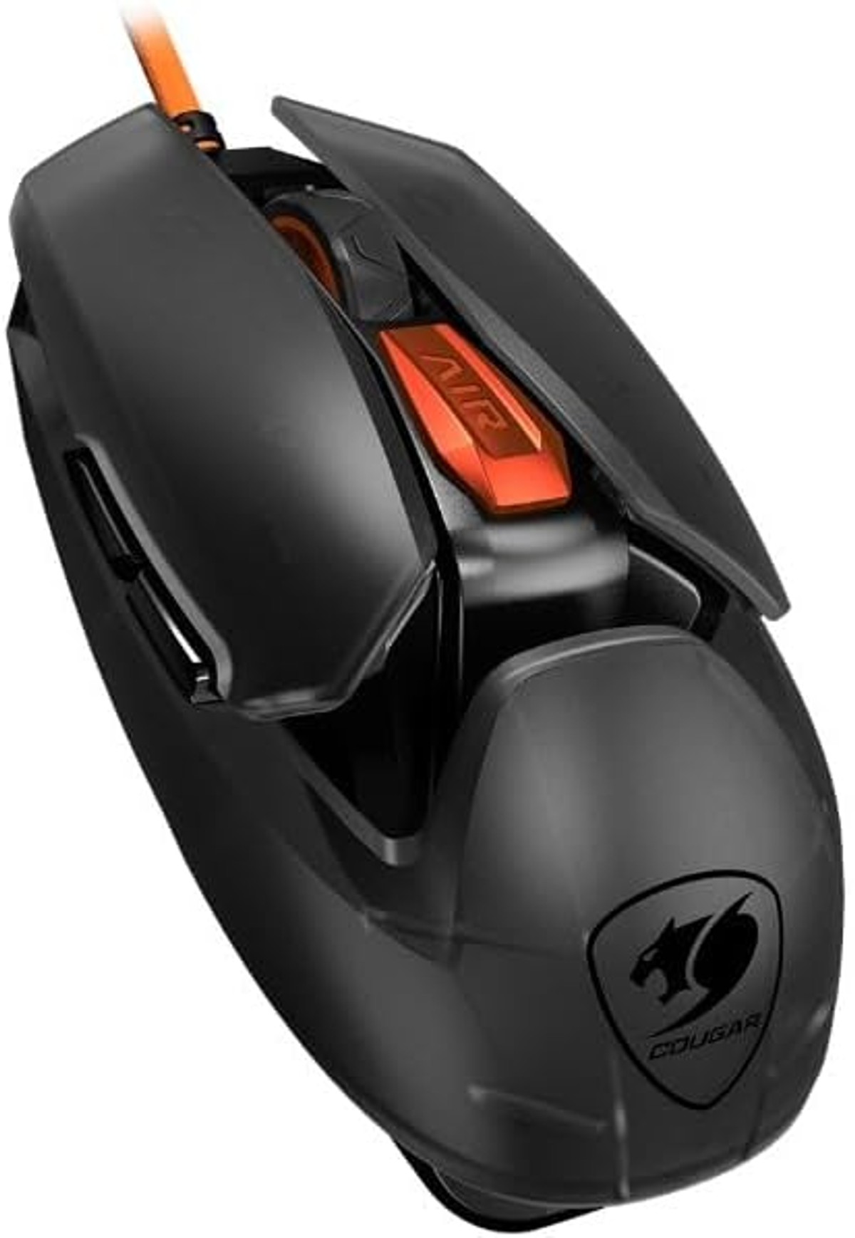 Eine schwarze Gaming-Maus mit orangefarbenem Kabel und 'AIR'-Aufschrift auf weißem Hintergrund.