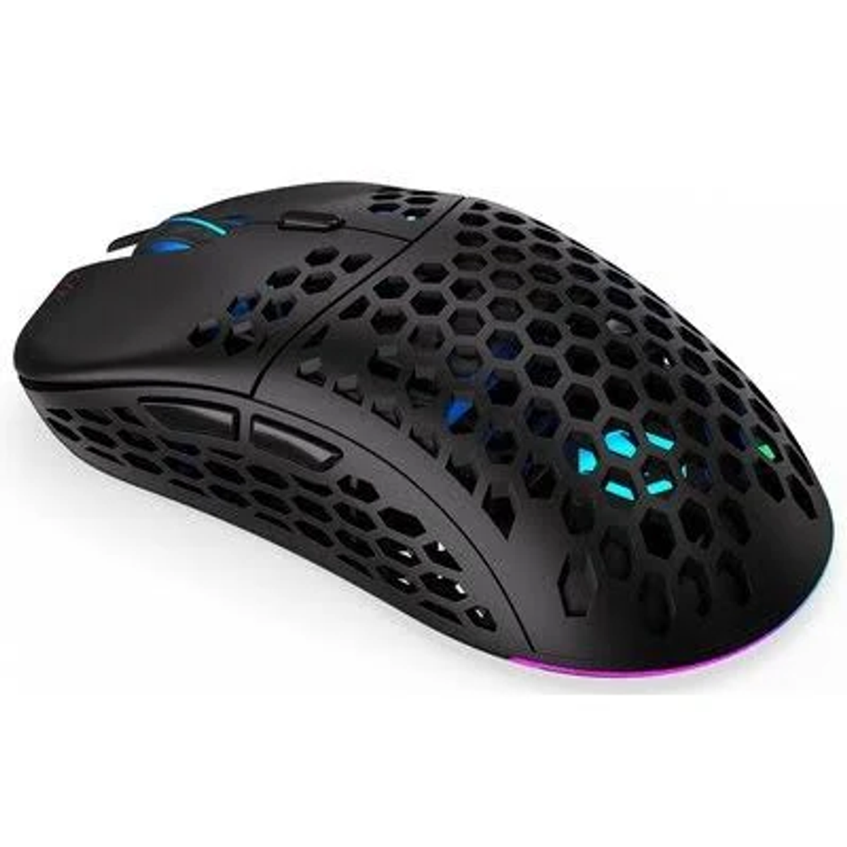 Mouse da gioco nero con design a nido d'ape. Con pulsanti e illuminazione RGB.