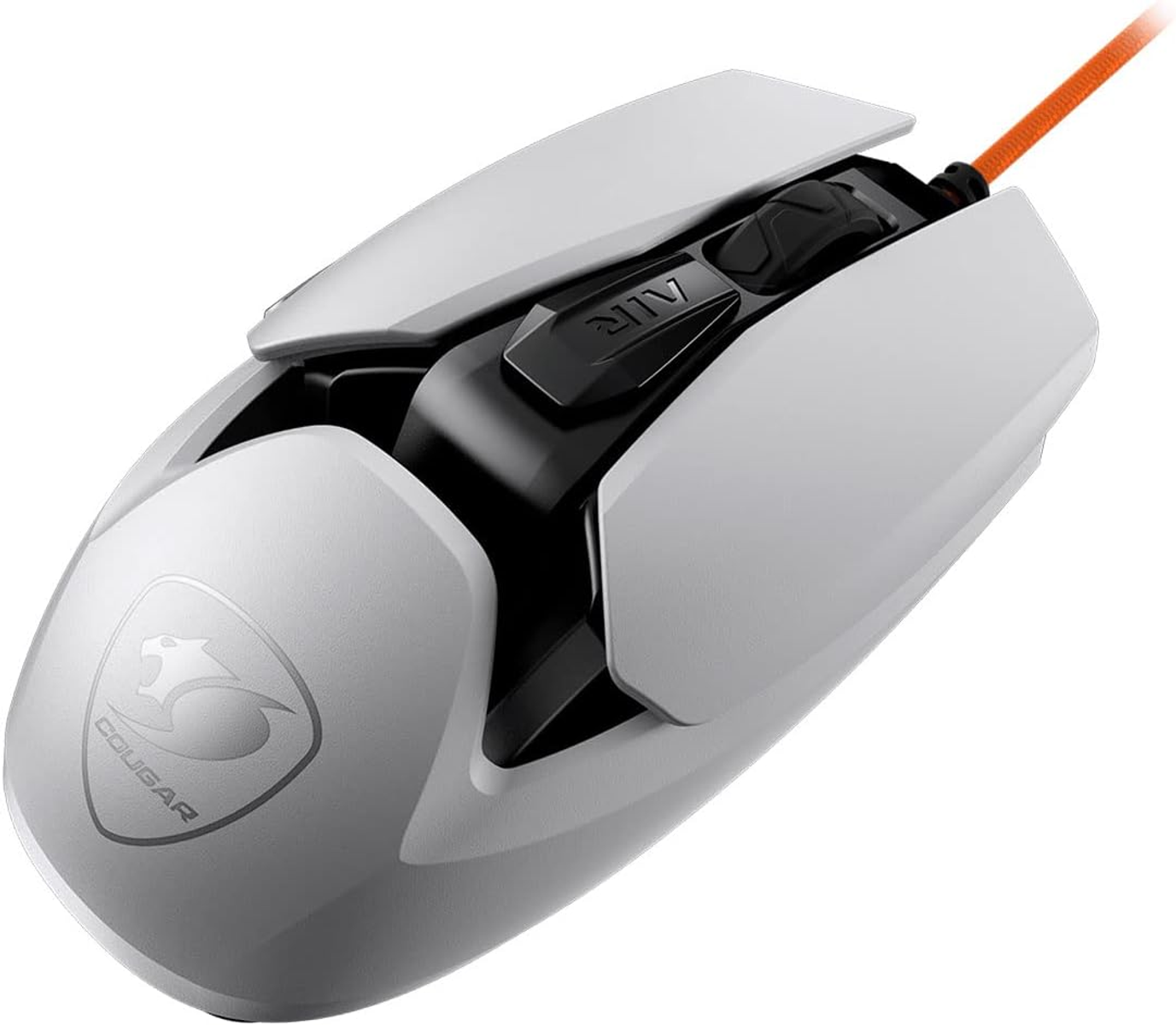 Mouse da gaming bianco con dettagli neri e arancioni e cavo arancione. Il logo Cougar è visibile.