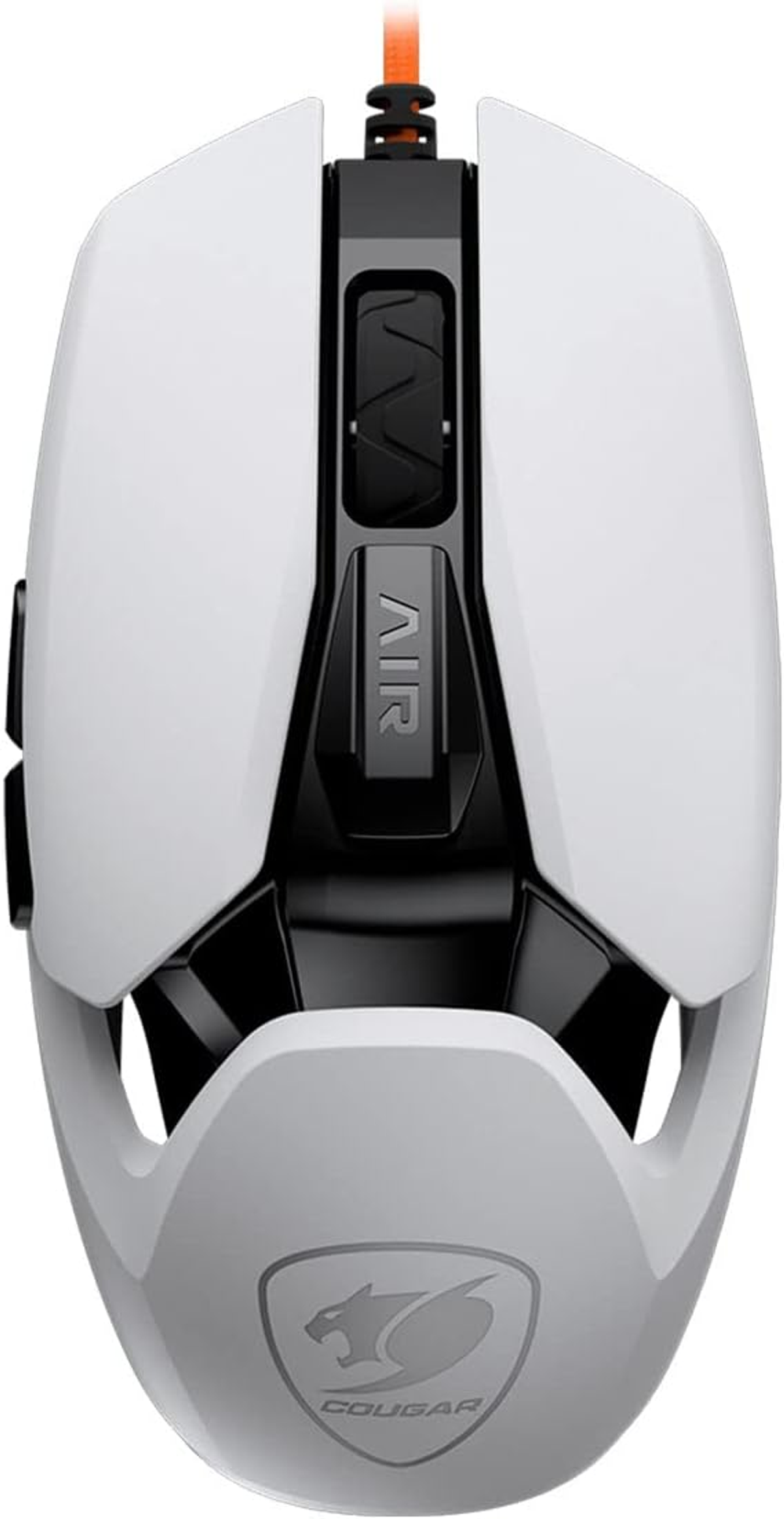 Un mouse da gioco bianco con sezione nera e cavo arancione, etichetta 'AIR' su sfondo bianco.