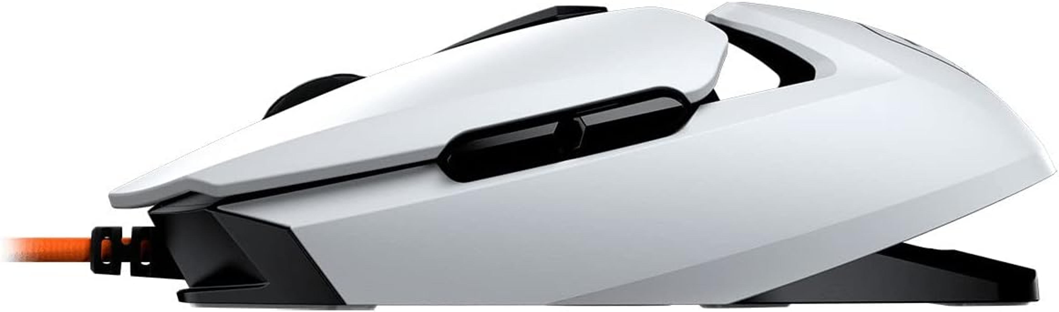 Mouse da gioco bianco. Il mouse ha un design unico con dettagli neri. Cavo arancione.