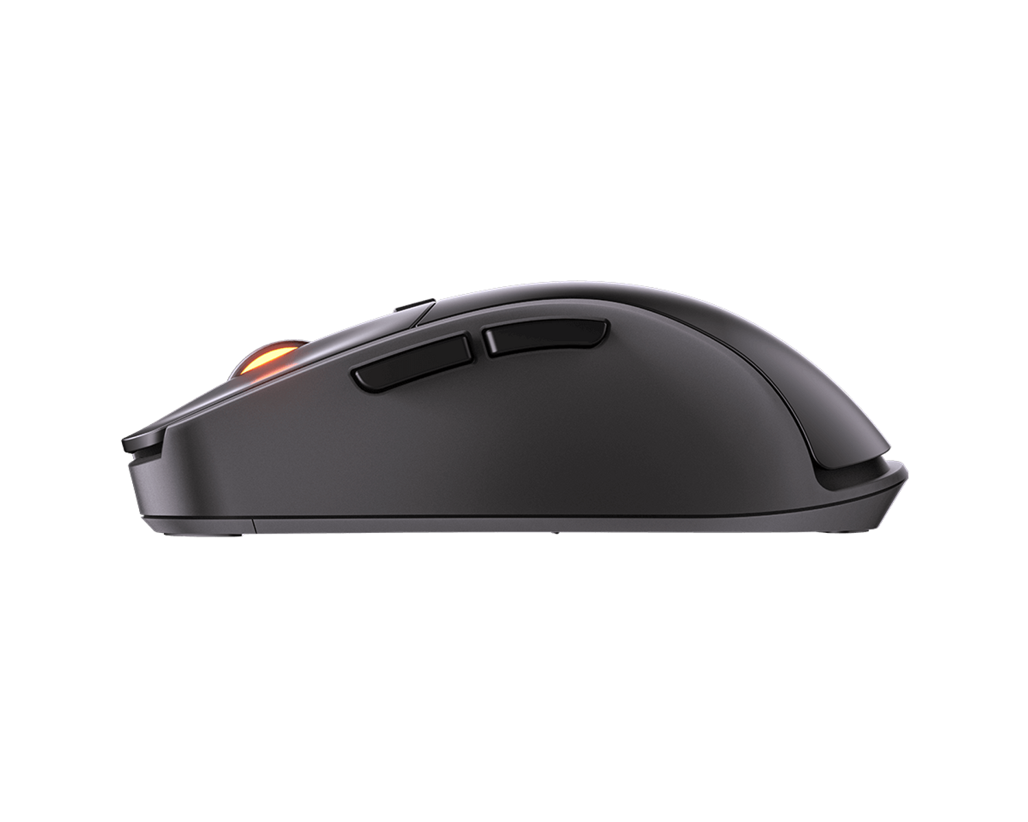 Mouse del computer nero con pulsanti laterali, vista laterale su sfondo nero.