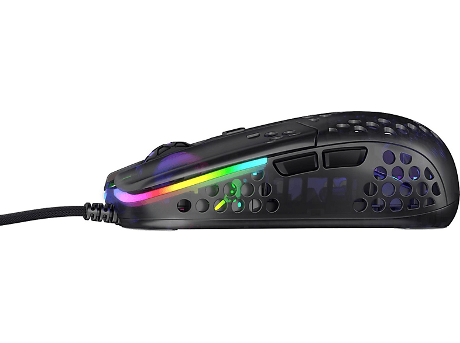 Czarna mysz gamingowa z oświetleniem RGB, widok z boku.