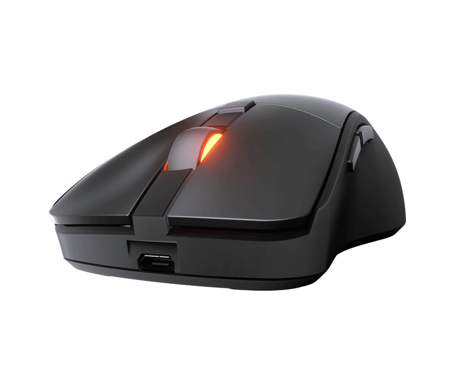 Mouse gaming nero con rotella illuminata arancione e porta USB.
