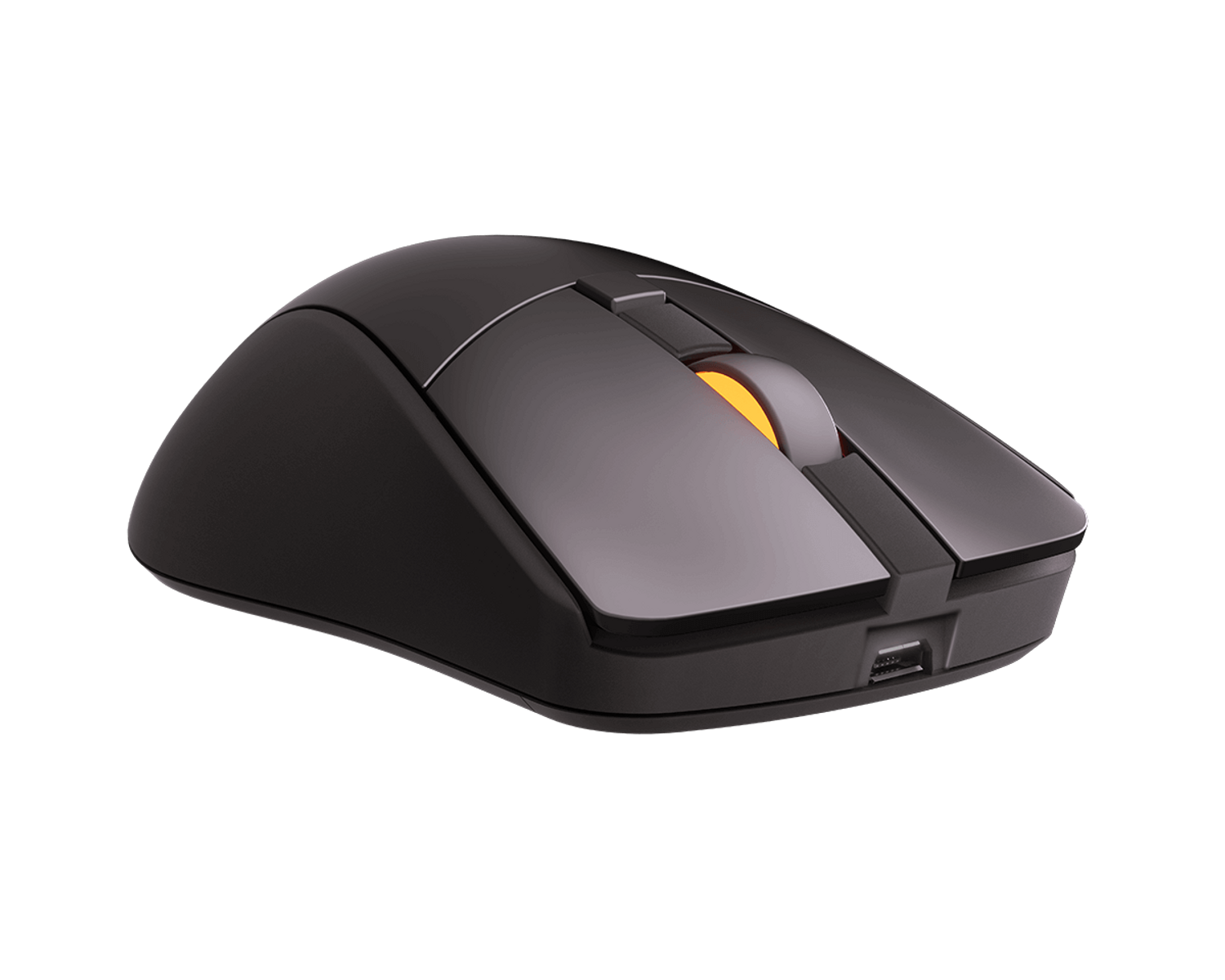 Mouse nero con rotella arancione luminosa. Sfondo nero.