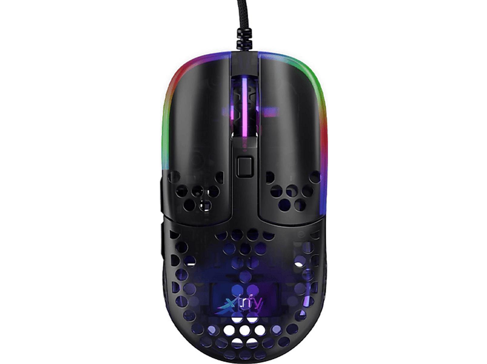 Czarna mysz gamingowa z konstrukcją plastra miodu i oświetleniem RGB.