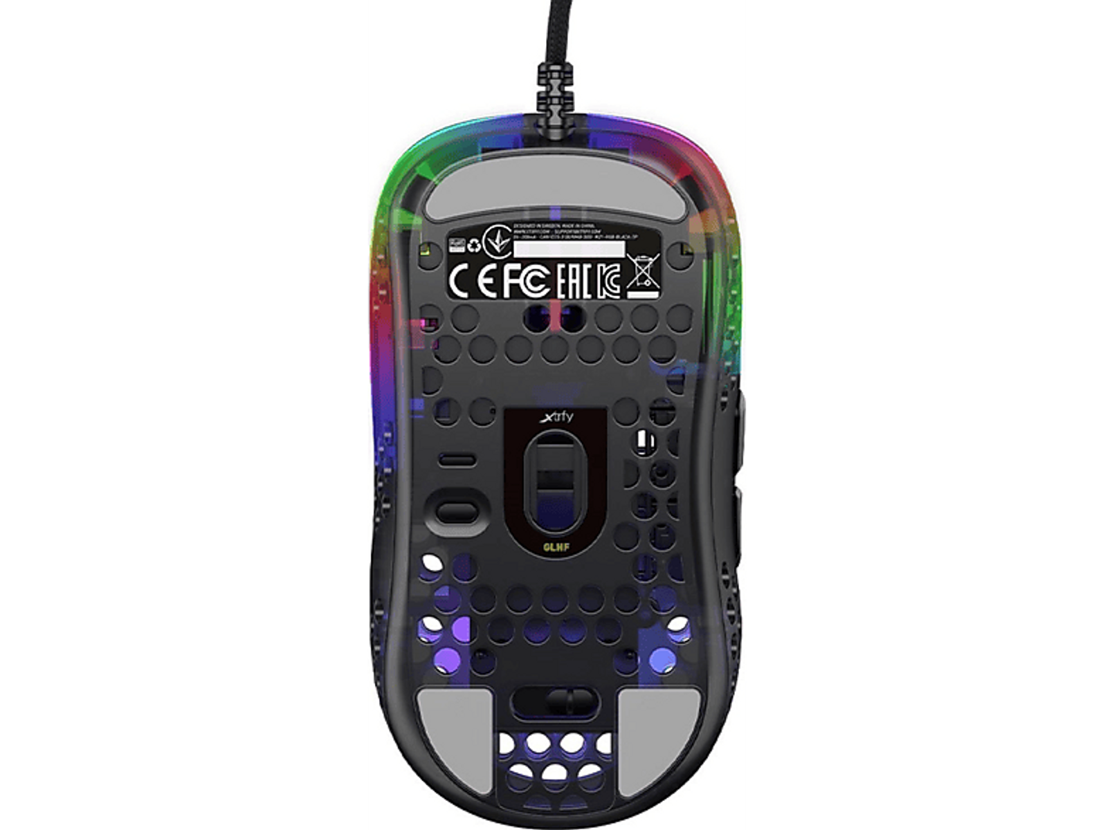 Spód myszy dla graczy, przezroczysty design i kolorowe światła LED.