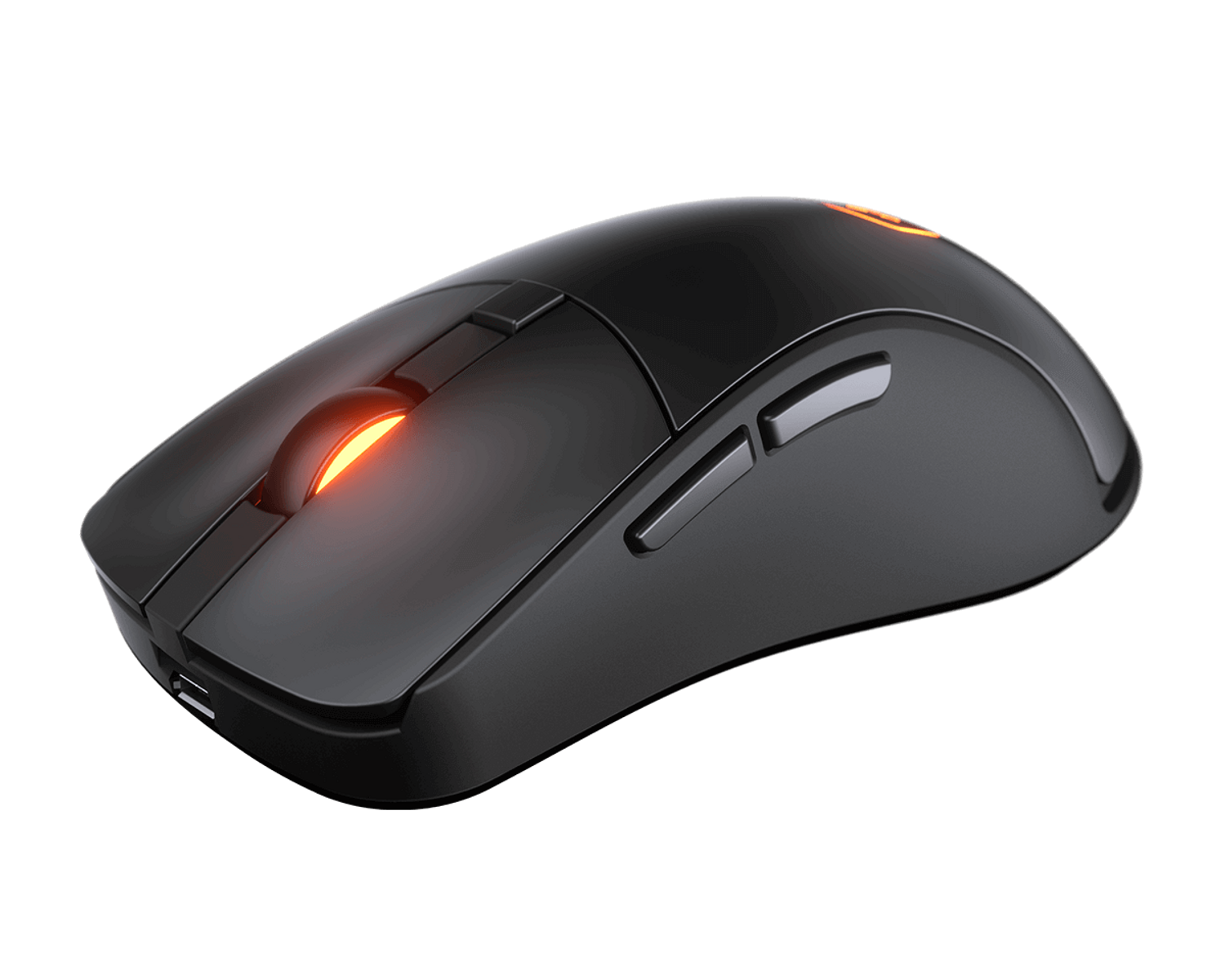 Mouse wireless nero con luce arancione sulla rotella, sfondo nero.