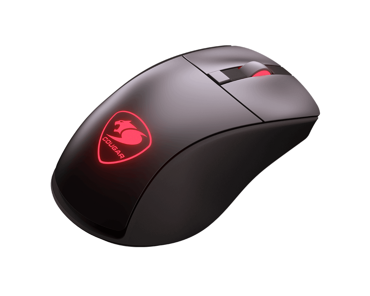 Mouse da gaming nero con logo Cougar rosso e rotella, illuminato su sfondo nero.