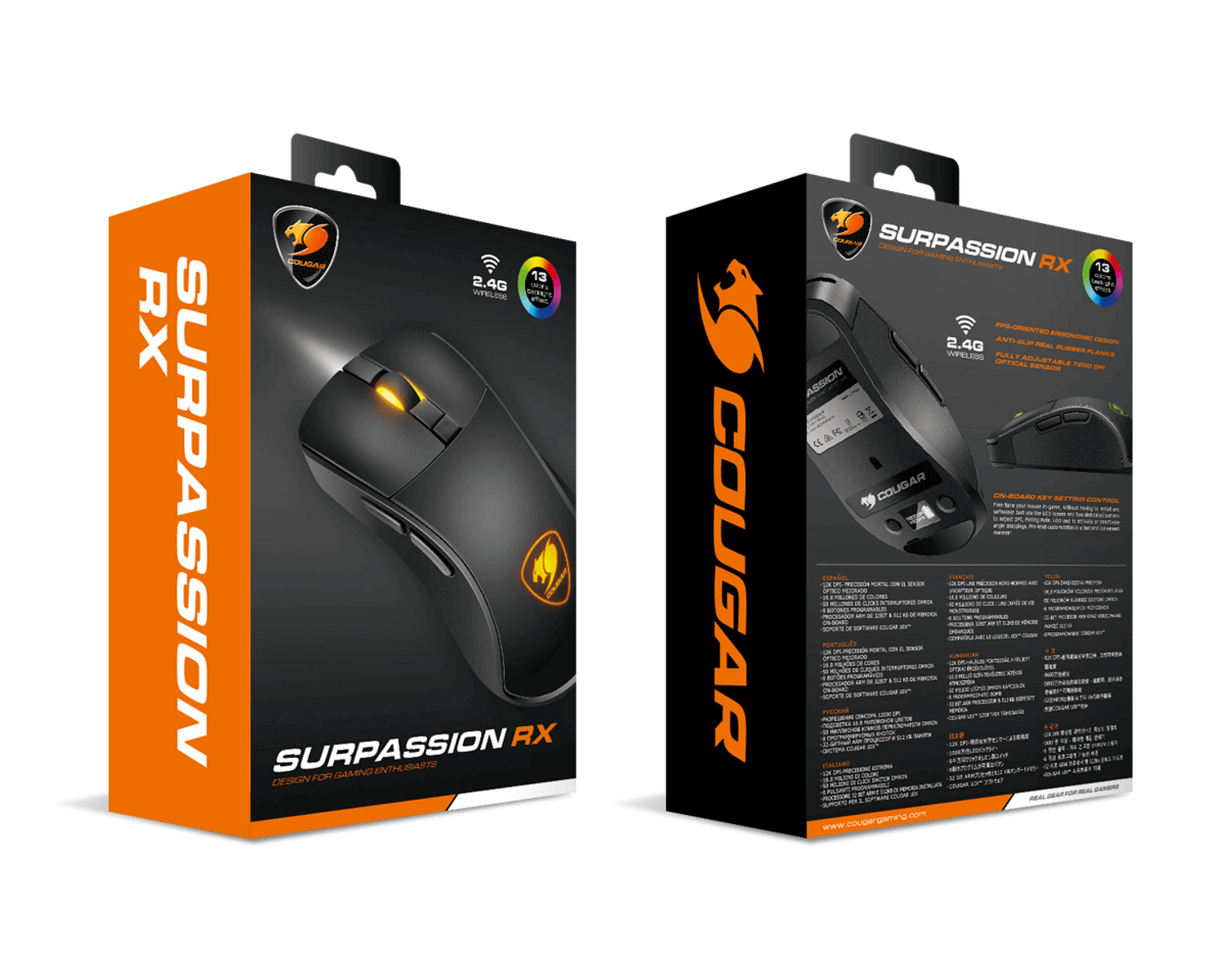 Due scatole di mouse gaming Cougar Surpassion RX. Una mostra il mouse, l'altra i dettagli sul retro.