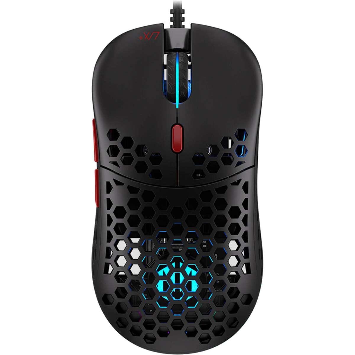 Czarna mysz do gier z czerwonymi przyciskami, sześciokątnymi wycięciami i niebieskimi światłami. Etykieta X/7.