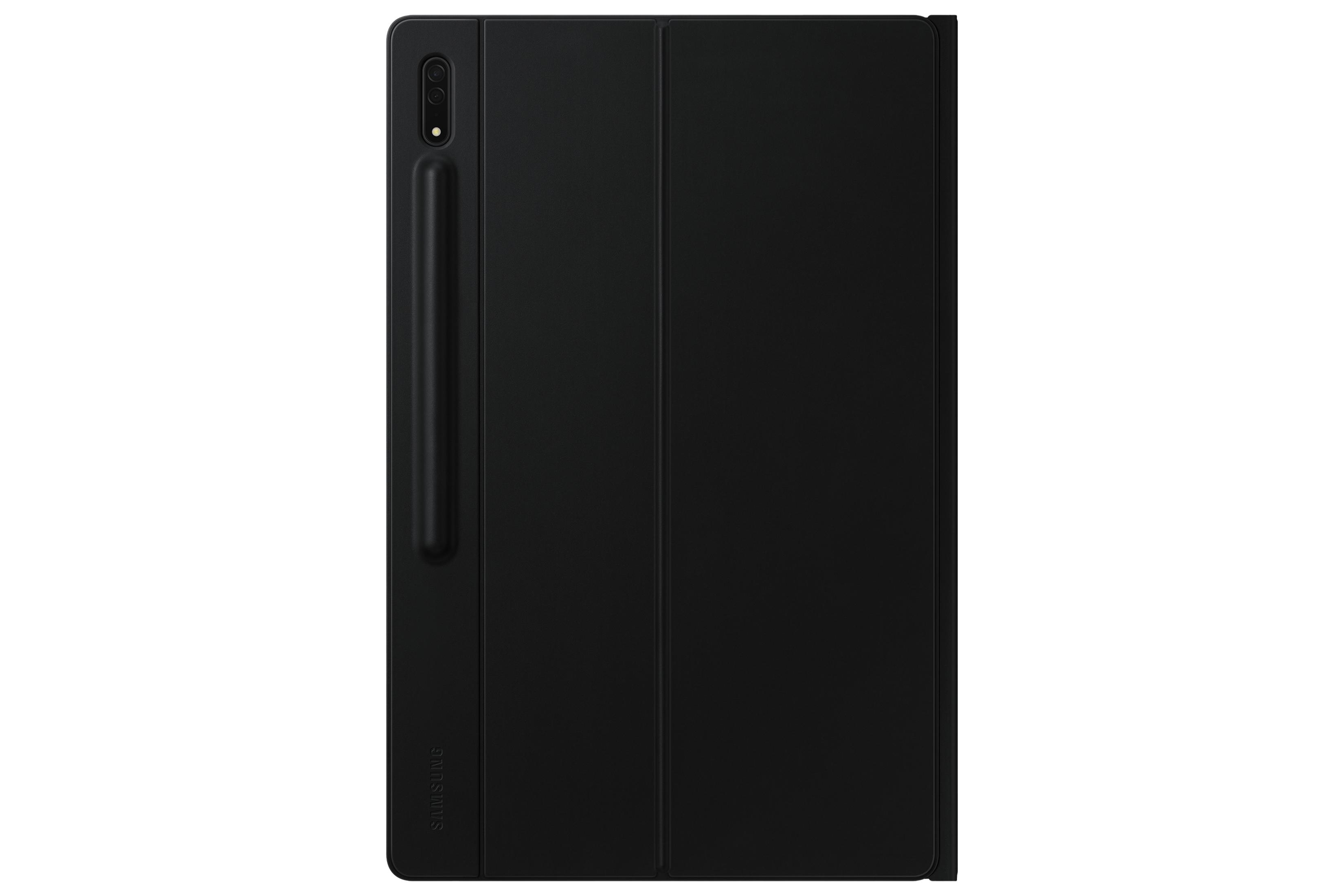 Schwarze Samsung Tablet-Hülle, geschlossen. Enthält einen Stiftschlitz und das Samsung-Logo.