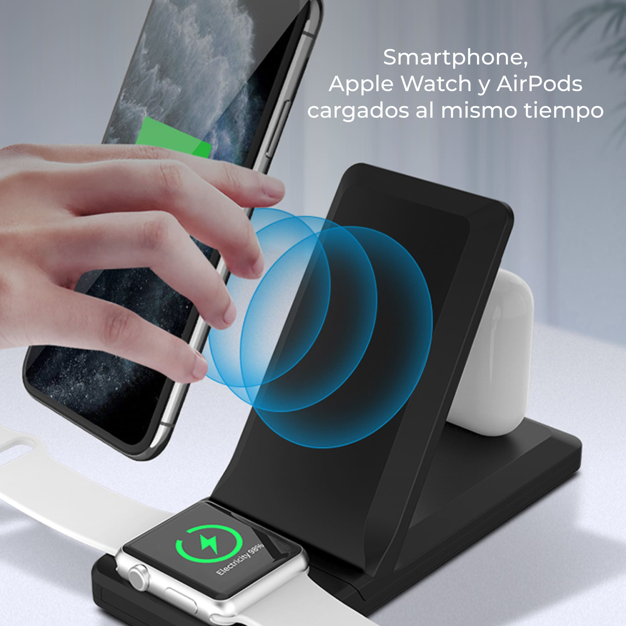 Cargador con teléfono, Apple Watch y AirPods, con indicador de carga.