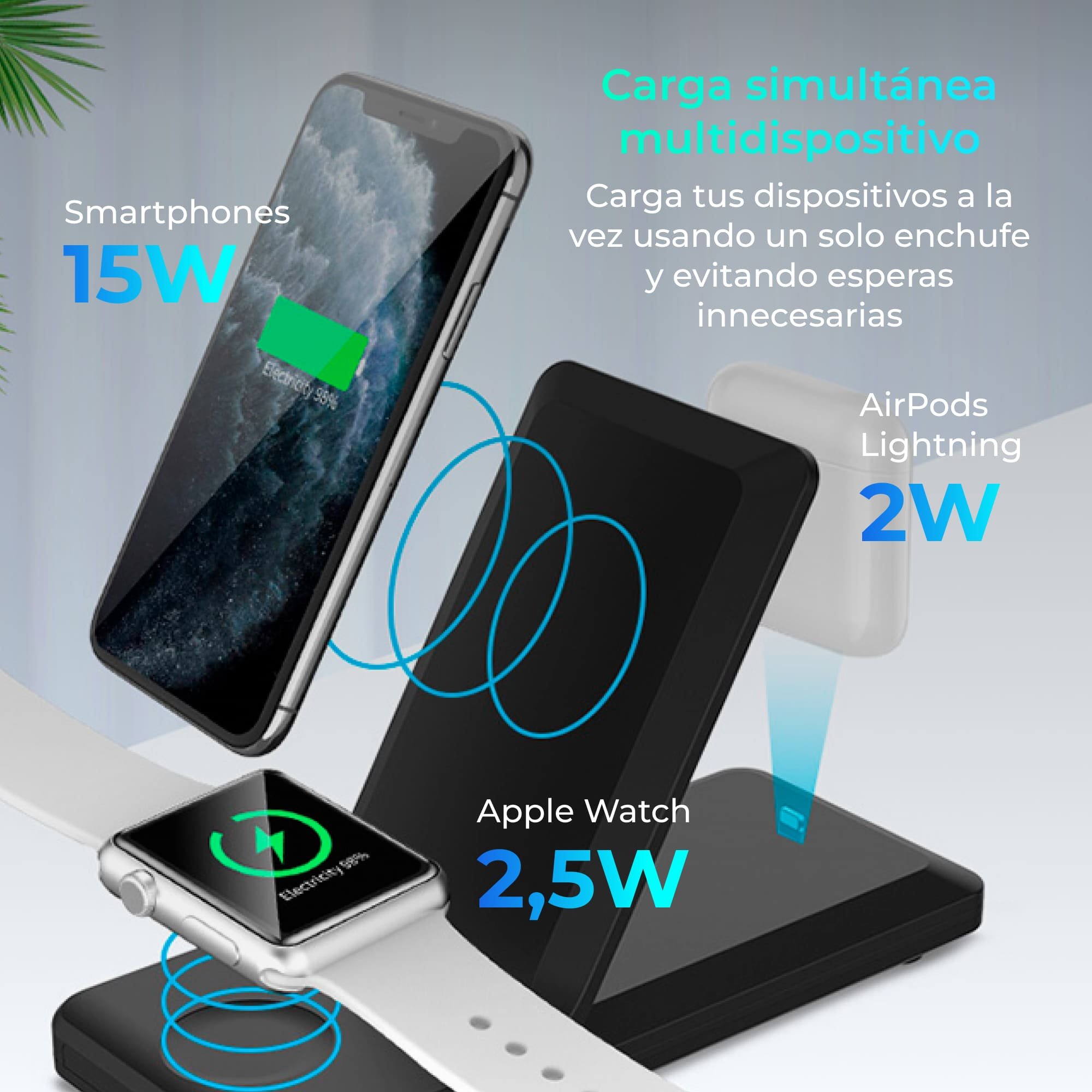 Configuración de carga inalámbrica. Smartphones, Apple Watch y AirPods cargando en una almohadilla negra.