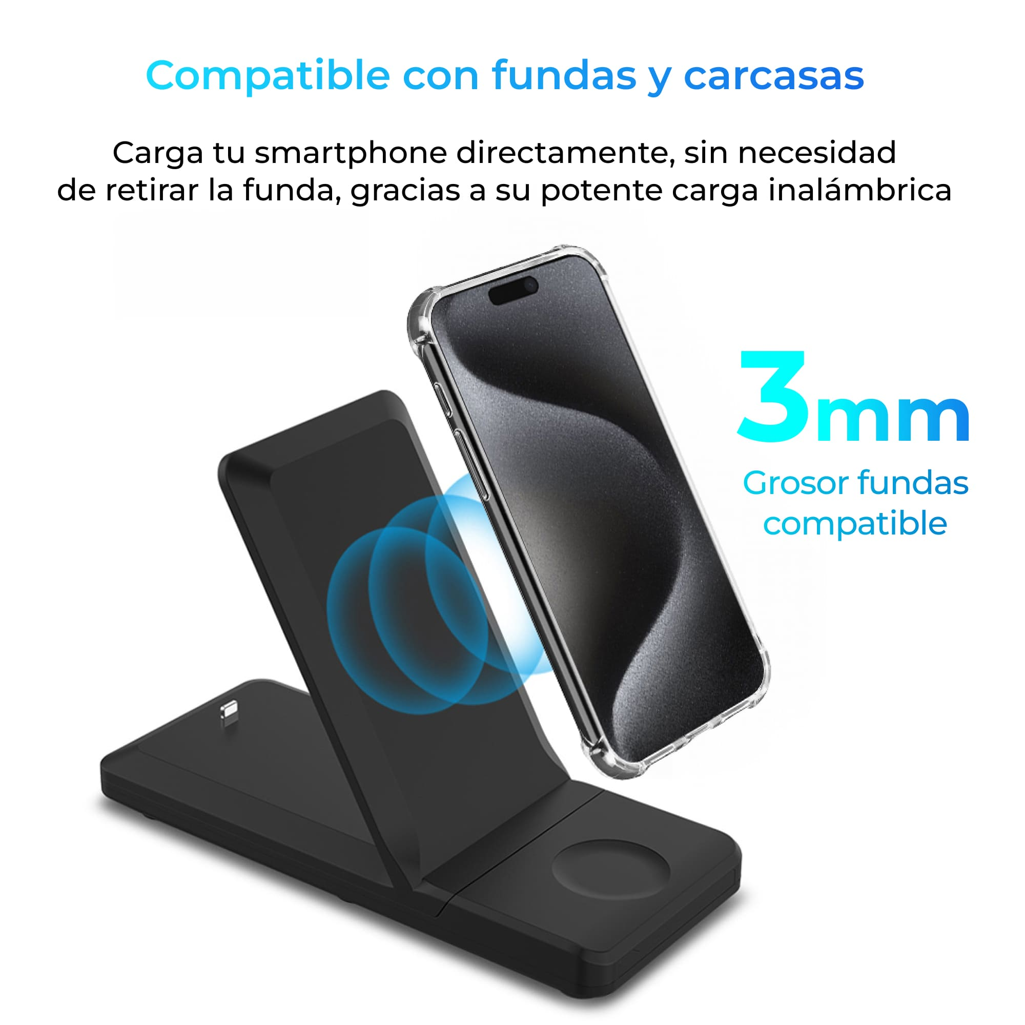 Un soporte de carga inalámbrica con un teléfono encima. El teléfono está en una funda transparente.