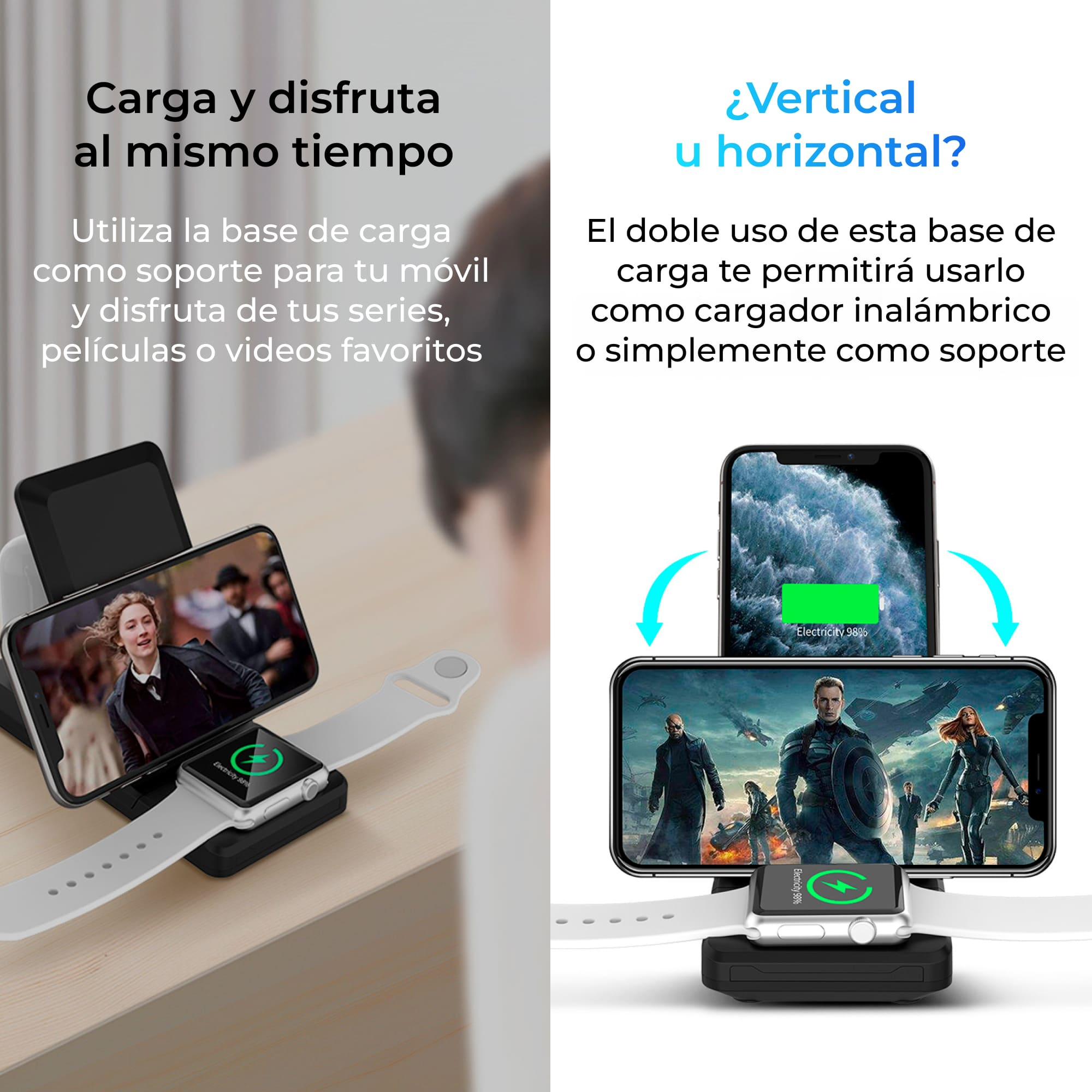 Base de carga con teléfono y reloj. Dos teléfonos muestran diferentes vistas. Texto: 'Carga y disfruta al mismo tiempo'.