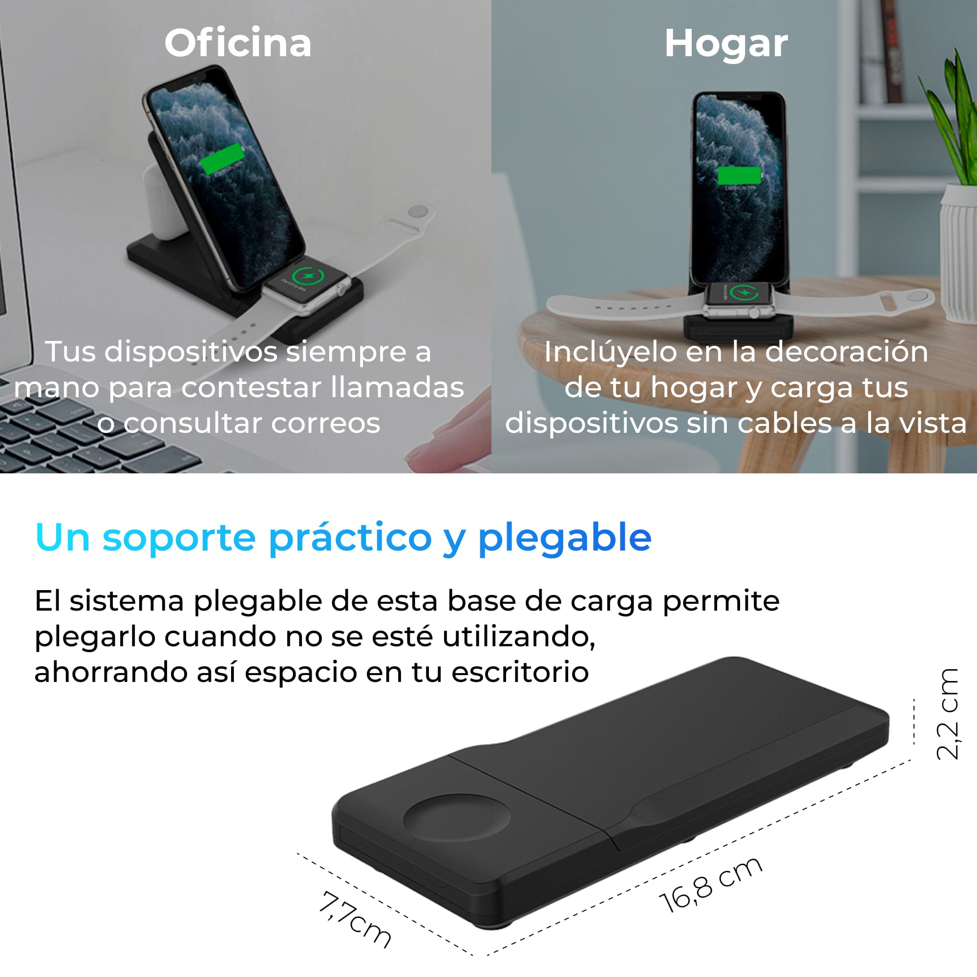 Un soporte de carga plegable para teléfono y reloj, con dimensiones en cm, en un escritorio.