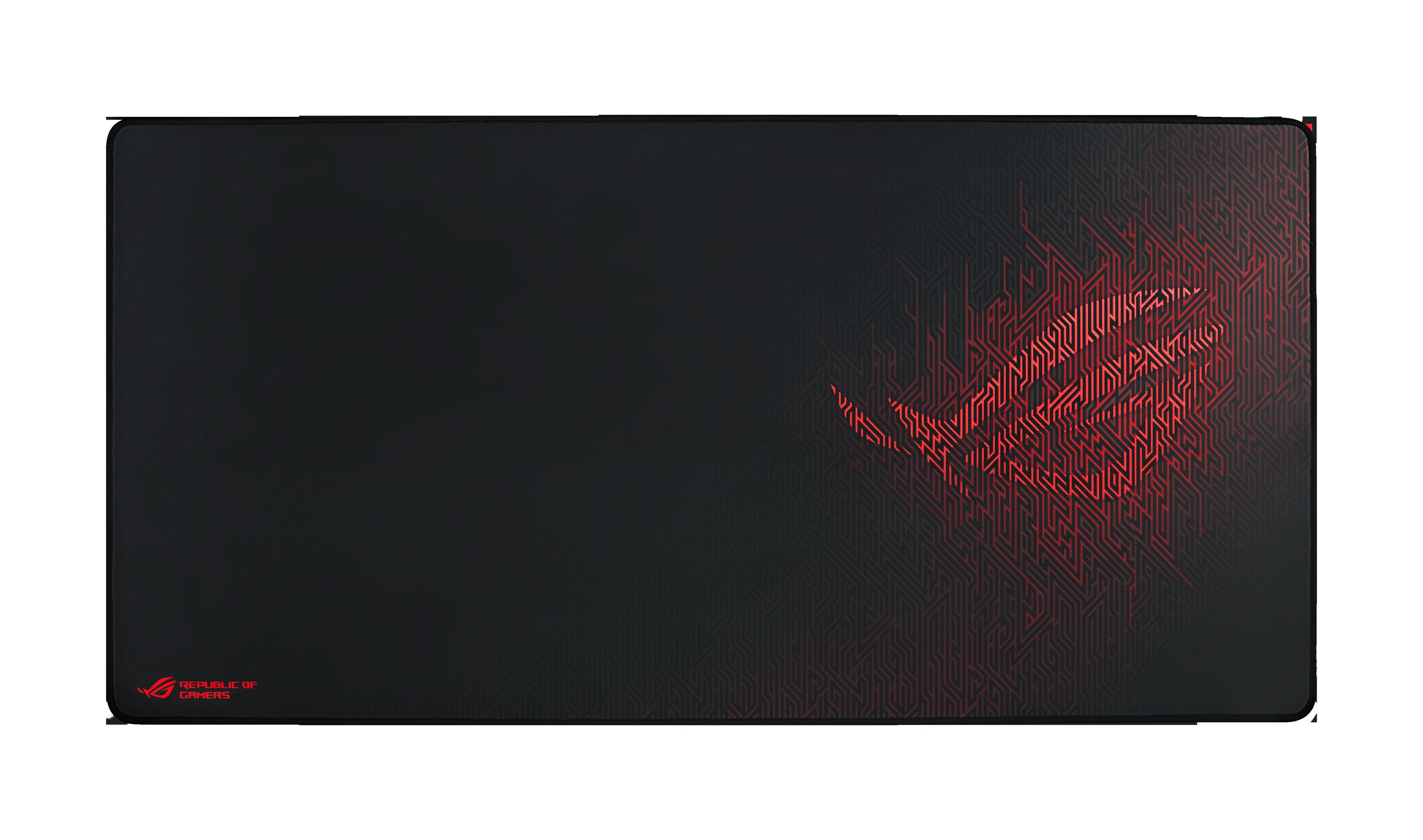 Schwarzes Gaming-Mauspad mit rotem ROG-Logo-Design und rotem Muster auf der unteren rechten Seite.