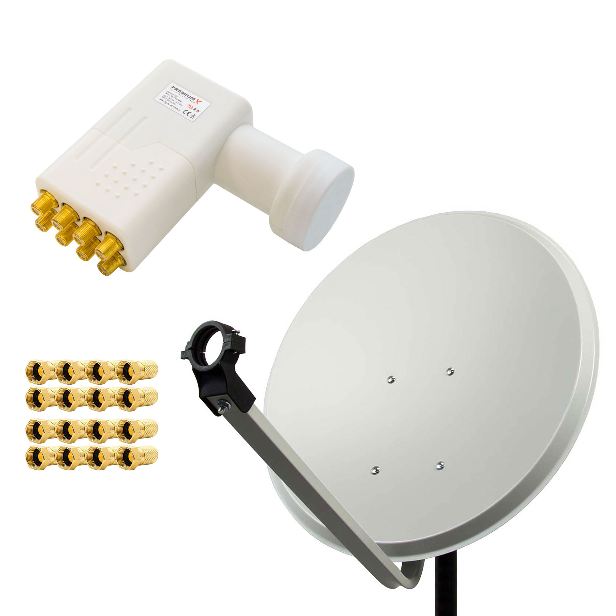 PREMIUMX LNB Sat SAT (80 Antenne weiß 16x Anlage Hellgrau Octo cm, Anlage 80cm Octo F-Stecker LNB)