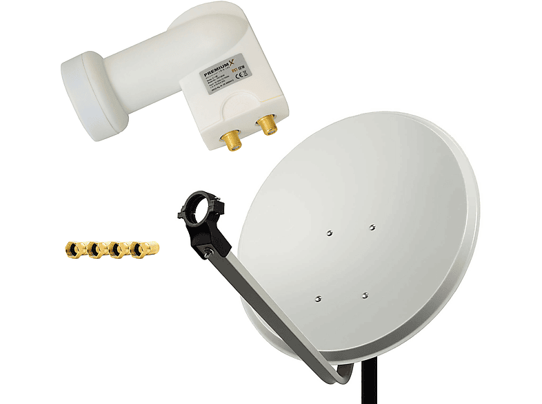 PREMIUMX Satellitenschüssel 60cm Antenne Hellgrau Twin cm, Anlage Sat weiß Twin (60 LNB) 4x F-Stecker LNB
