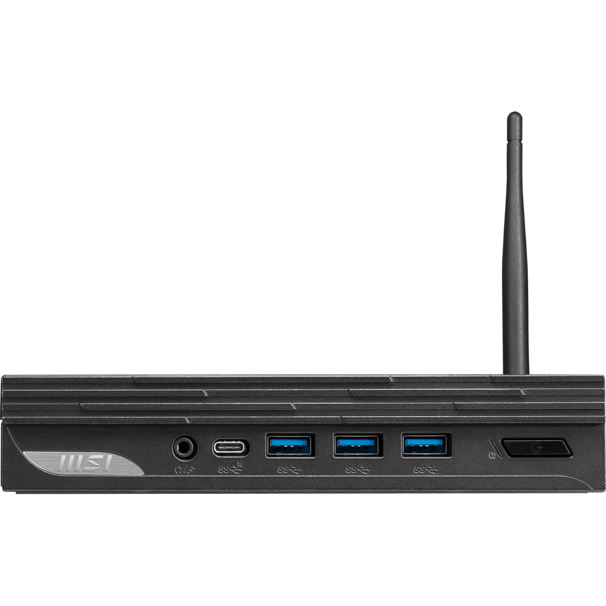 Siyah MSI mini PC. USB bağlantı noktalarına, bir antene ve ses jaklarına sahiptir.
