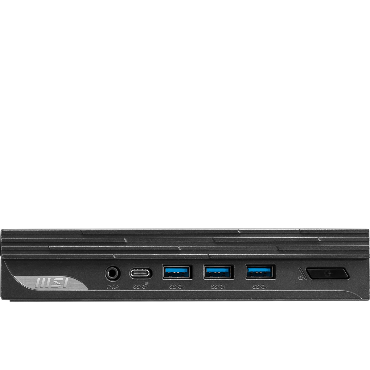 Ön panelde USB, ses ve SD kart yuvası için bağlantı noktalarına sahip siyah MSI bilgisayar bileşeni.