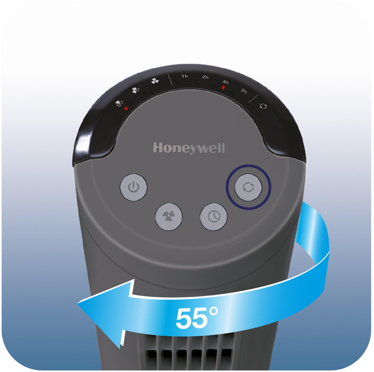 Górna część szarego wentylatora Honeywell z przyciskami sterowania i niebieską strzałką wskazującą 55 stopni.