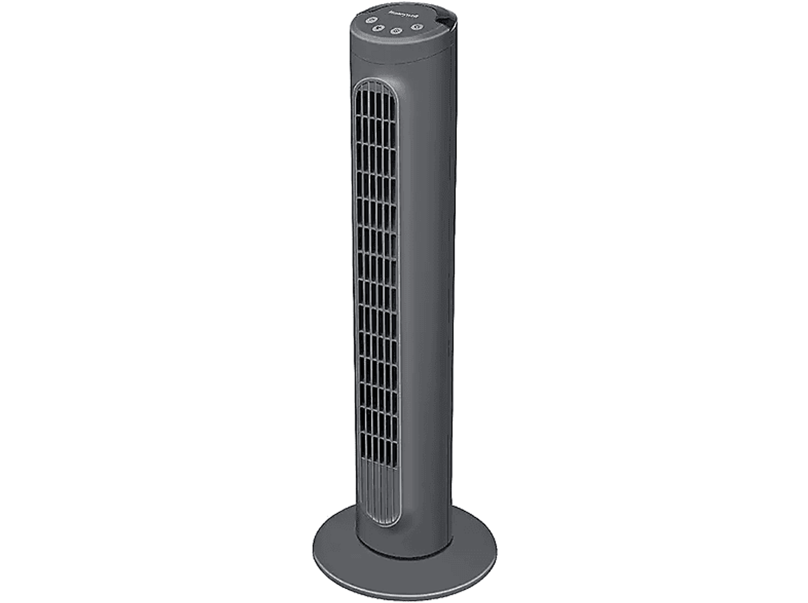 Szary wentylator wieżowy na czarnym tle. Jest cylindryczny z okrągłą podstawą.