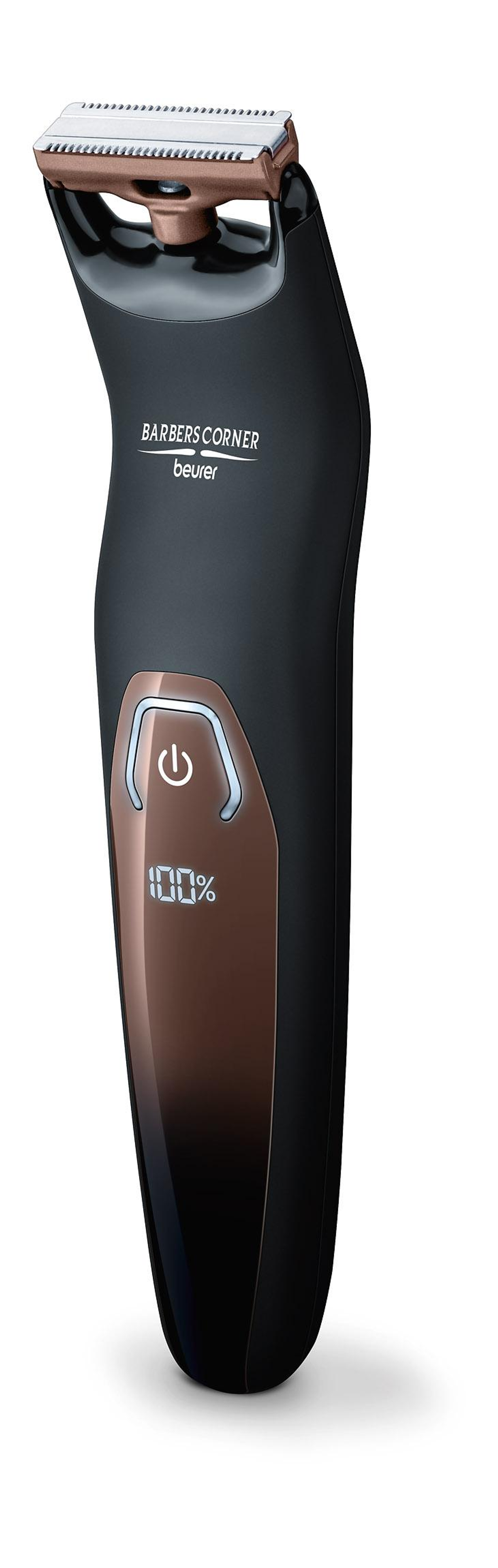 Ein schwarzer und bronzefarbener Barttrimmer mit digitaler Anzeige, die 100 % anzeigt. Weißer Hintergrund.