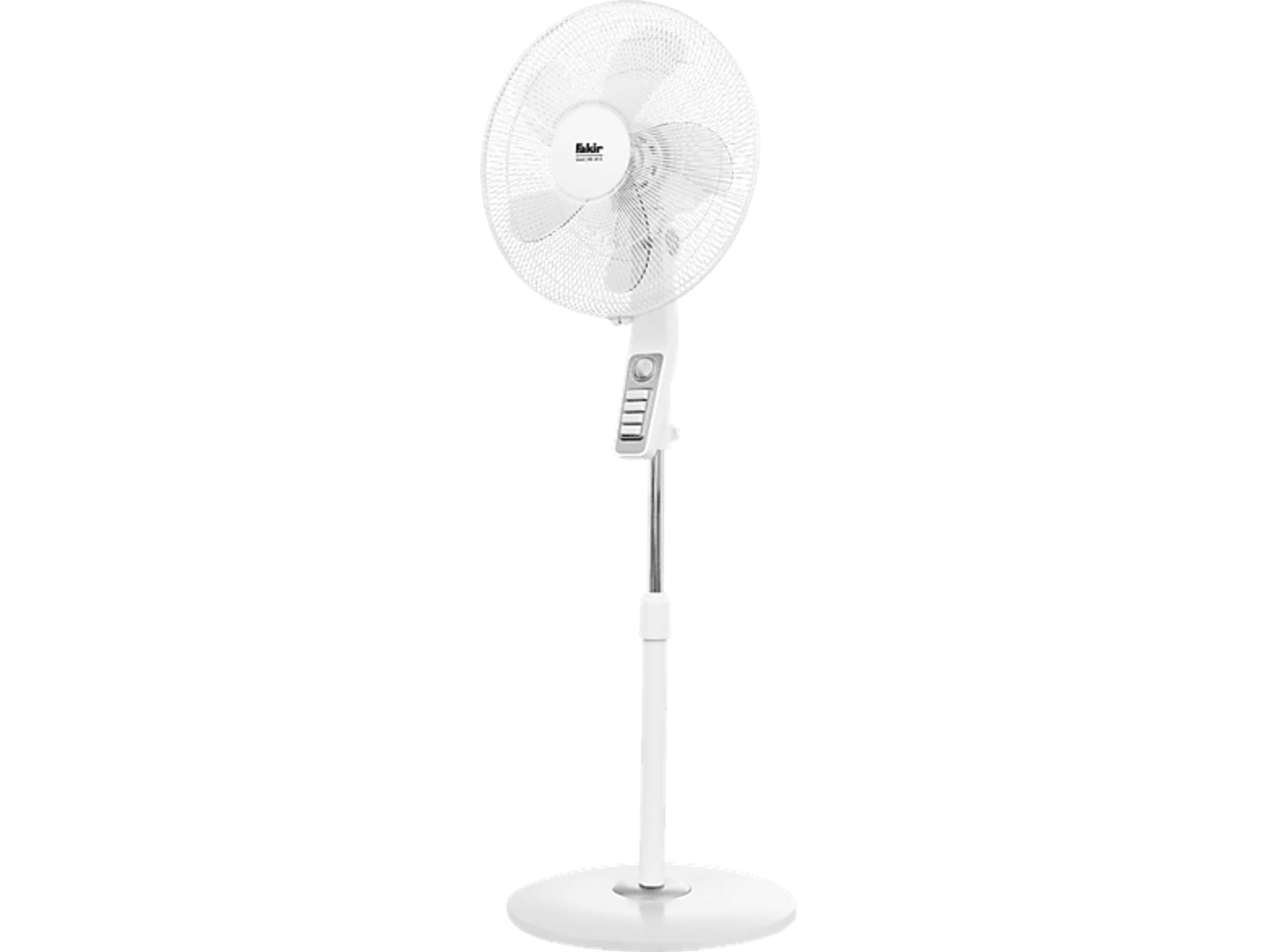 Ein weißer Standventilator auf schwarzem Hintergrund. Der Ventilator hat einen kreisförmigen Kopf und ein Bedienfeld.