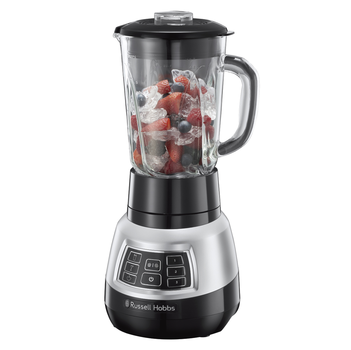 Ein Mixer mit Früchten und Eis. Er hat einen schwarzen Sockel und silberne Akzente, mit Bedientasten.
