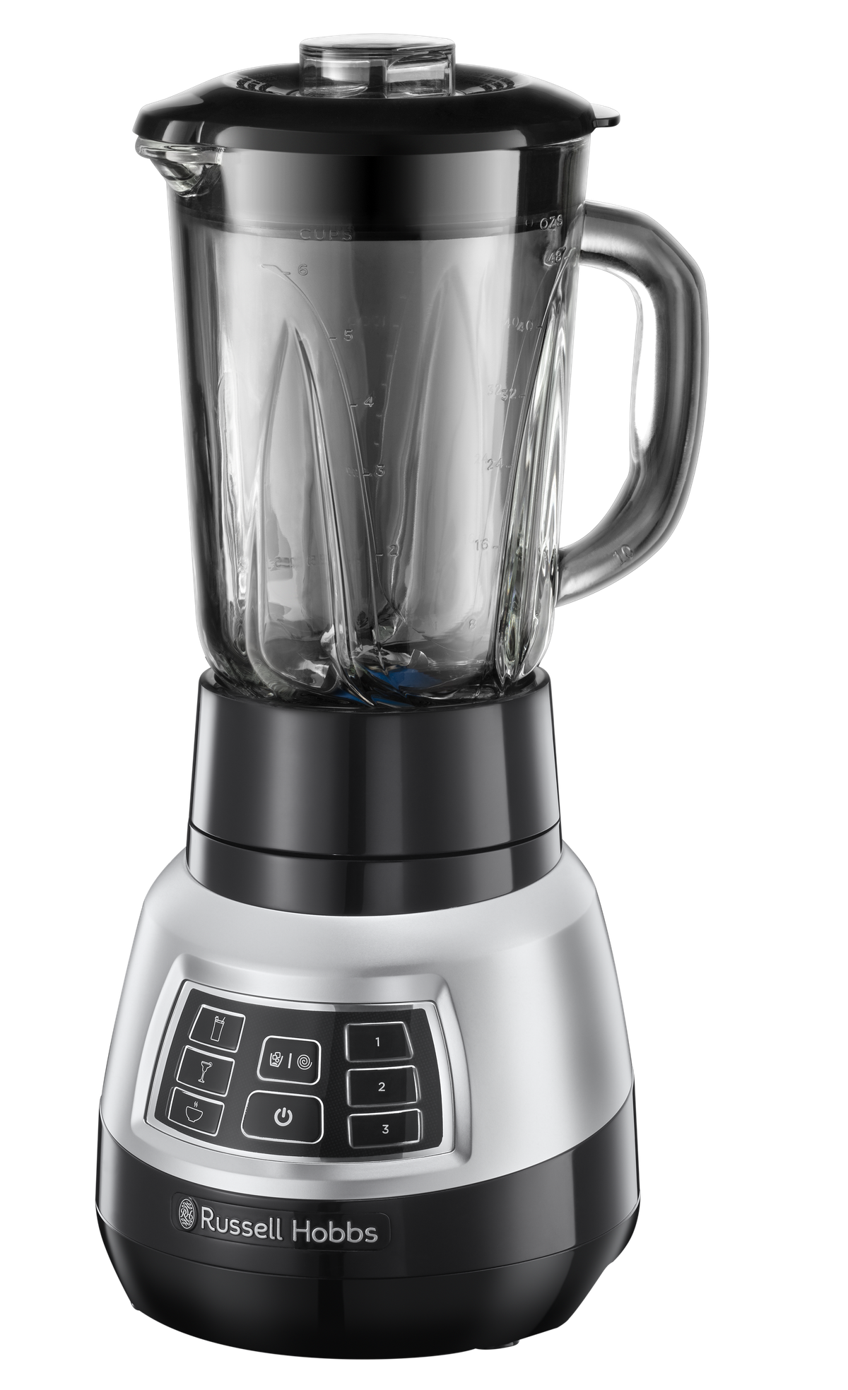 Ein schwarzer und silberner Russell Hobbs Mixer mit einem Glasbehälter, Knöpfen und Netzkabel.