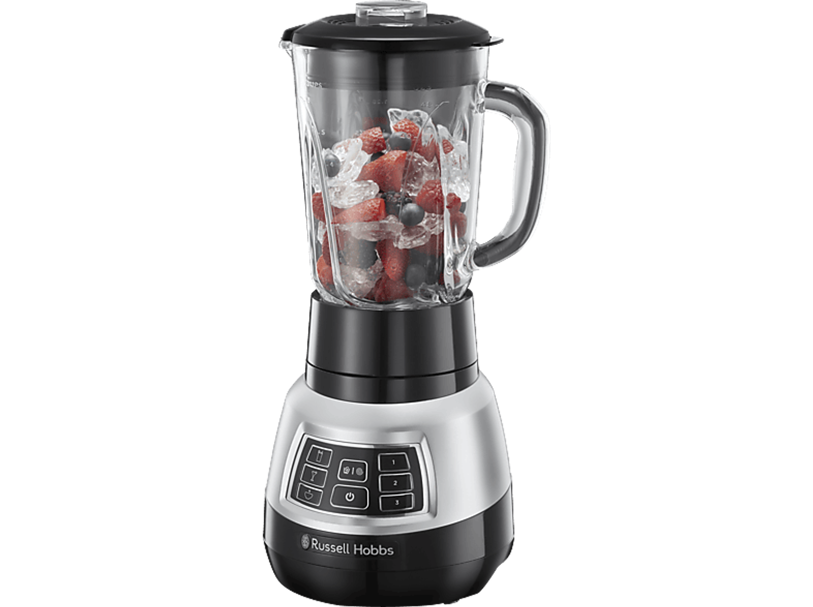 Ein Mixer mit Eis, Beeren und Flüssigkeit im Inneren, mit schwarzem und silbernem Sockel.