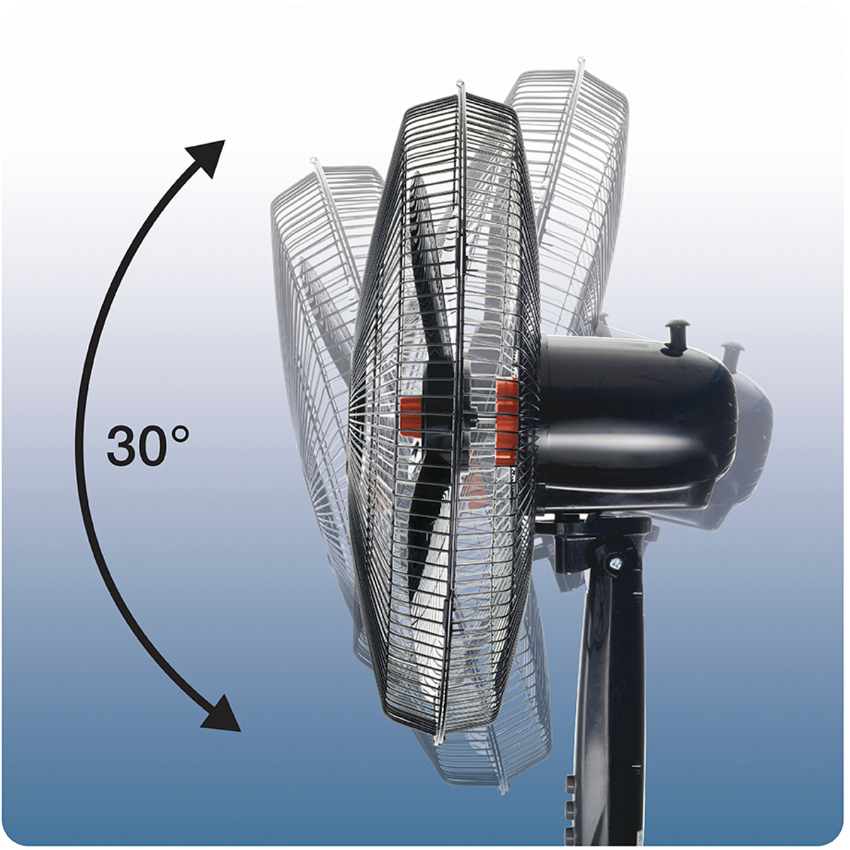 Ventilador de pie inclinándose 30 grados, con flecha de movimiento.