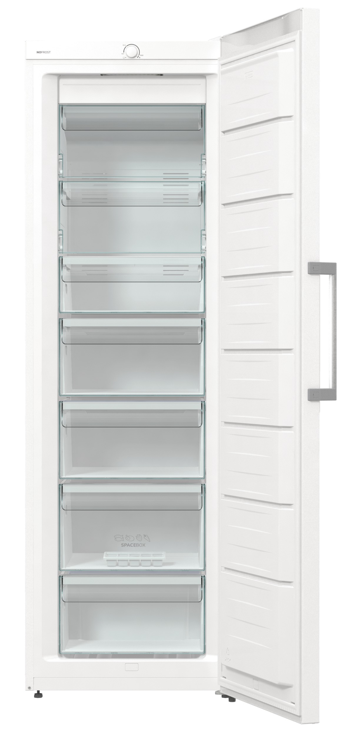 Weißer Gefrierschrank mit geöffneter Tür, zeigt Schubladen und Regale. Der Innenraum ist leer.