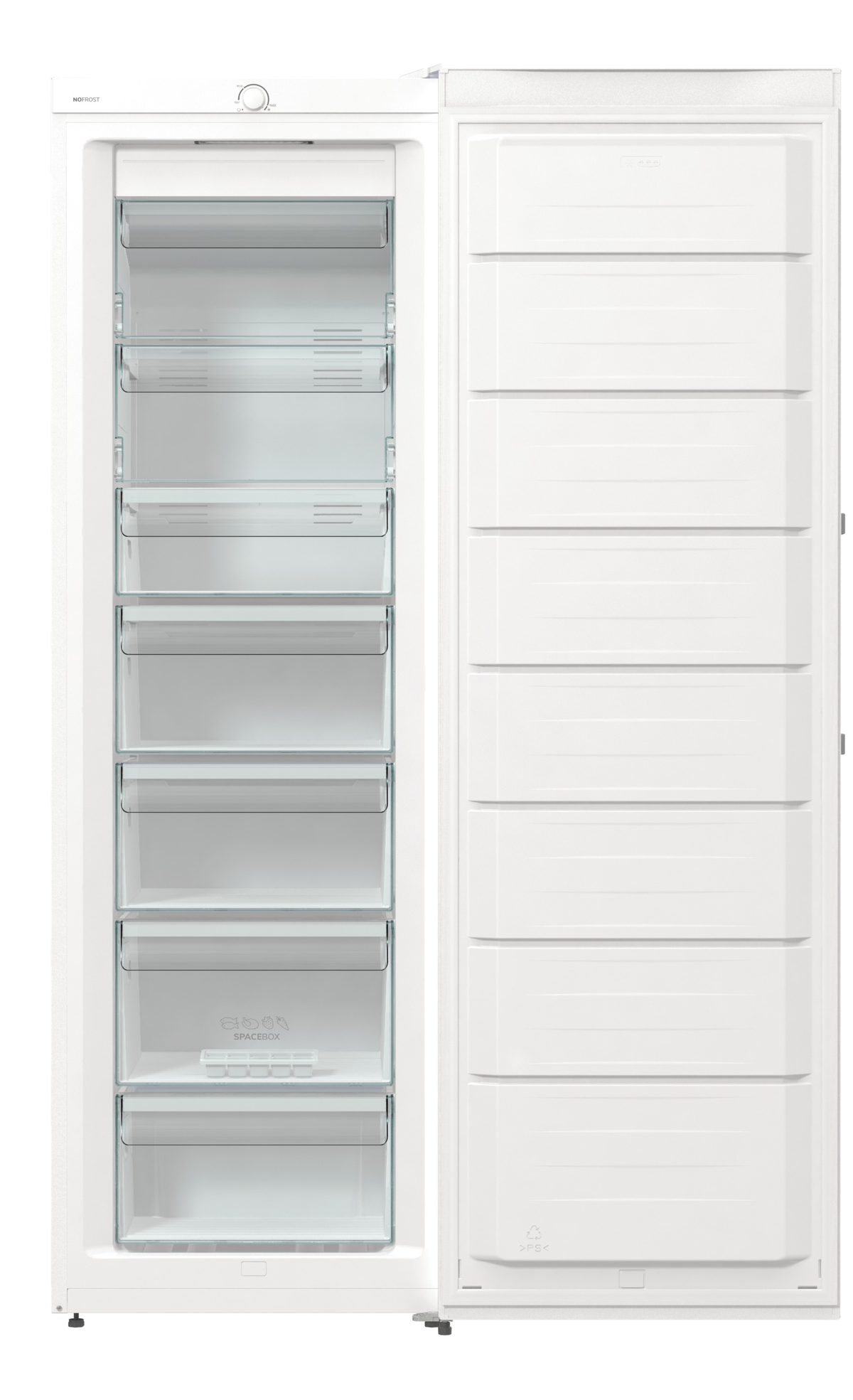Ein offener weißer Gefrierschrank mit Glasböden. Der Gefrierschrank ist leer.