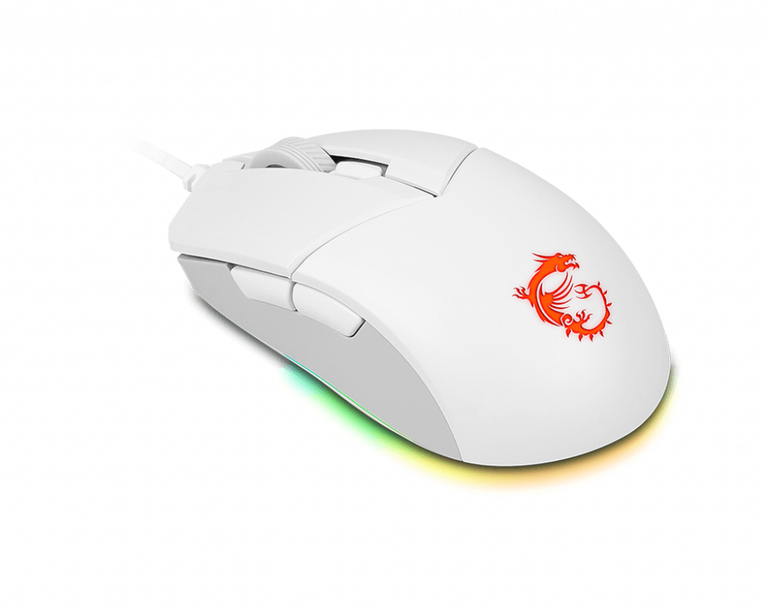 Mouse da gioco bianco con logo rosso. Il mouse ha pulsanti e rotella di scorrimento.