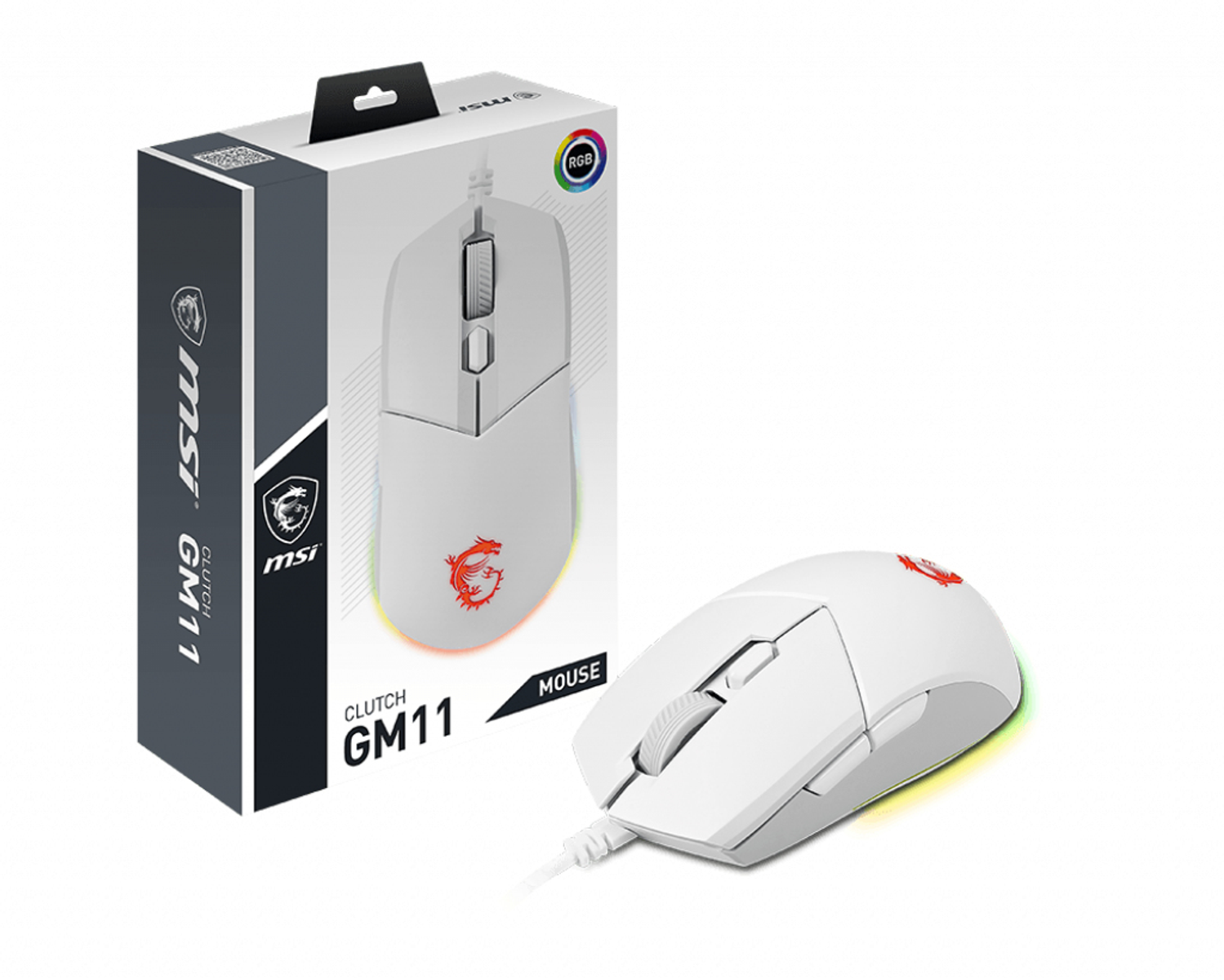 Un mouse da gioco bianco con una scatola. Il mouse ha luci RGB.