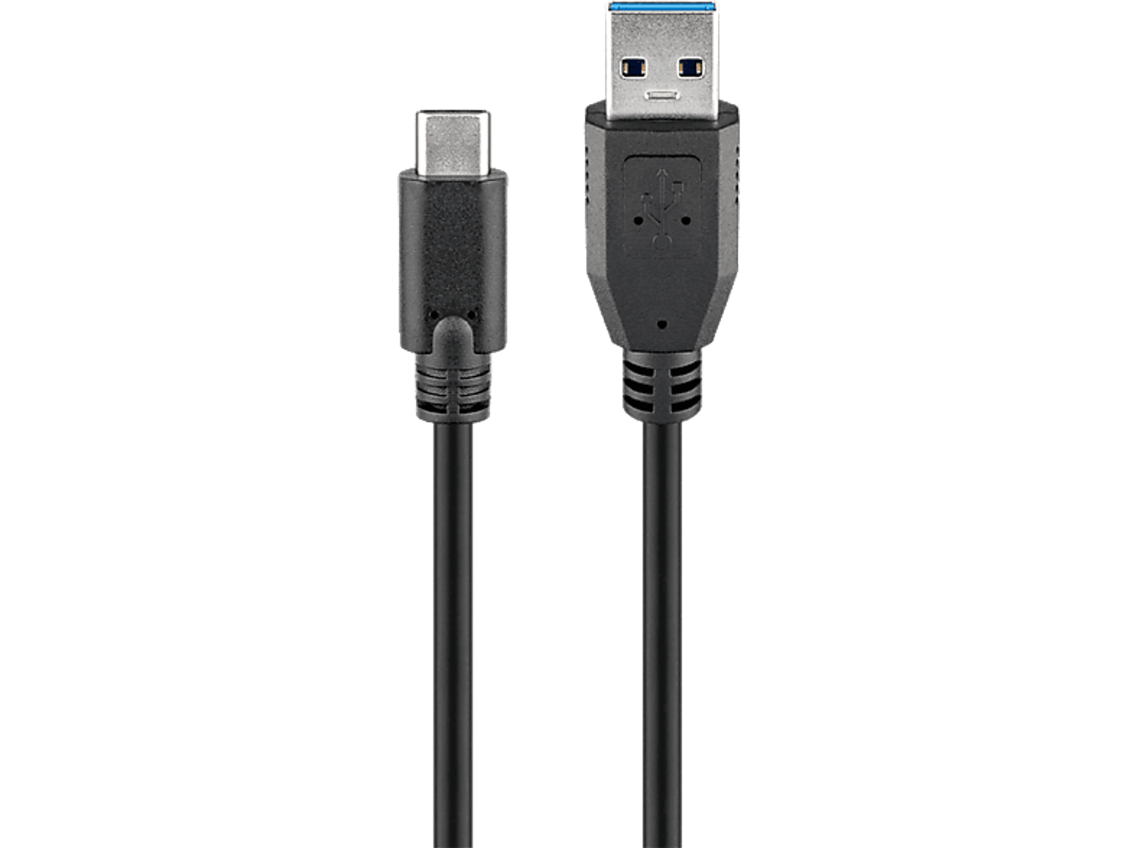 A black USB-C to USB-A cable on a black background. The connectors are visible.