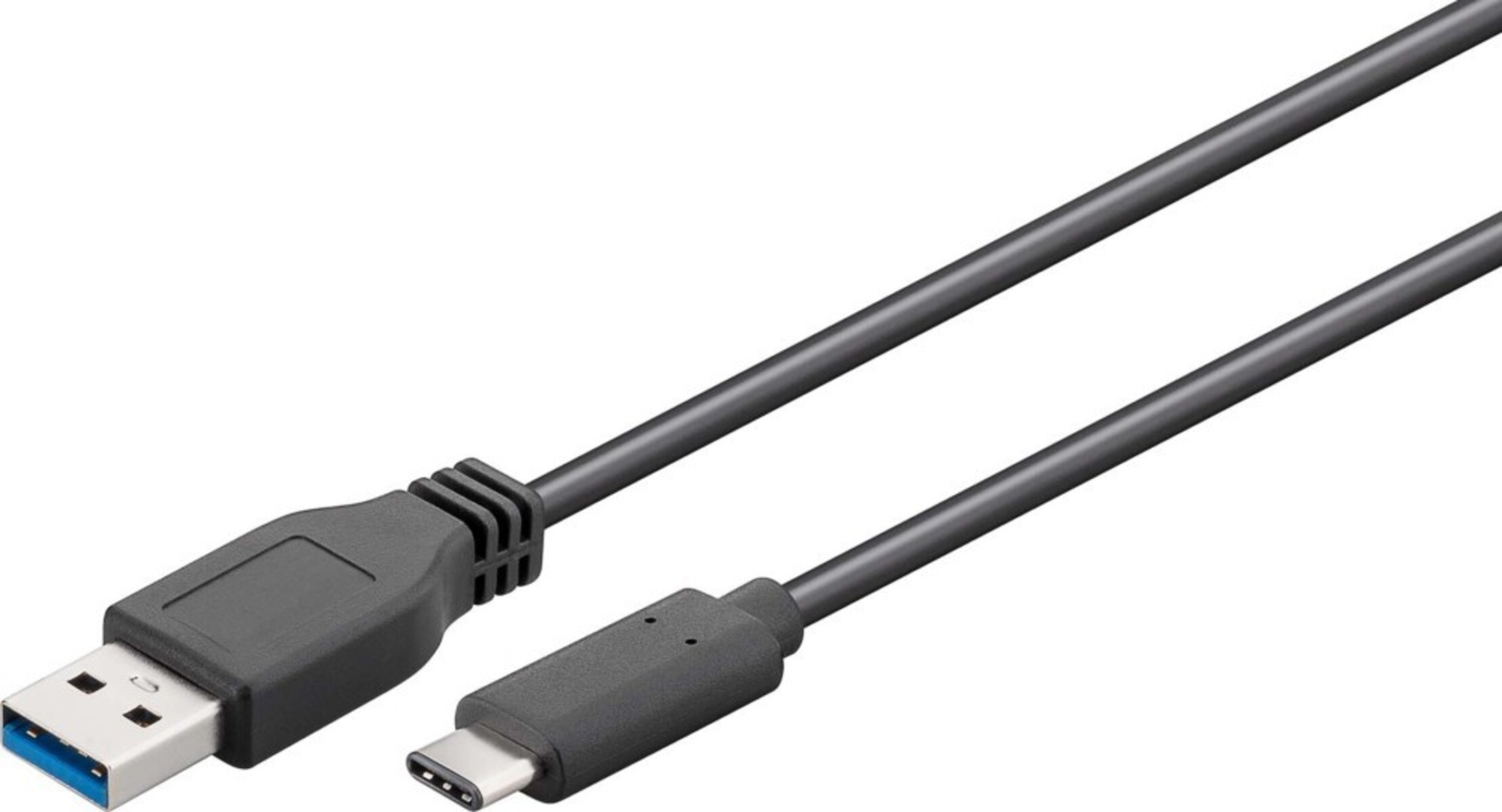 Black USB to USB-C cable. USB-A connector on the left, USB-C on the right.
