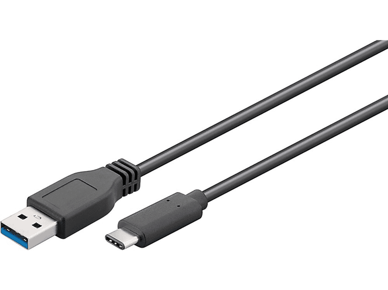 Black USB cable with USB-A and USB-C connectors, against a white background.