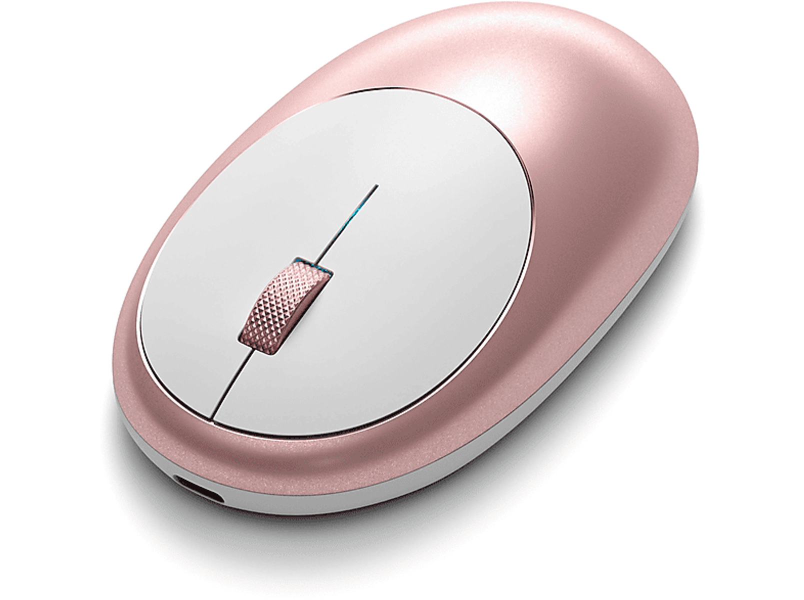 Een roze en witte draadloze muis, bovenaanzicht, met een scrollwiel.